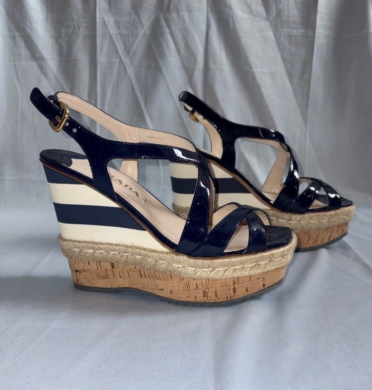 Prada Navy Strips Patent Leather Platform Wedge Sandals 5uk.