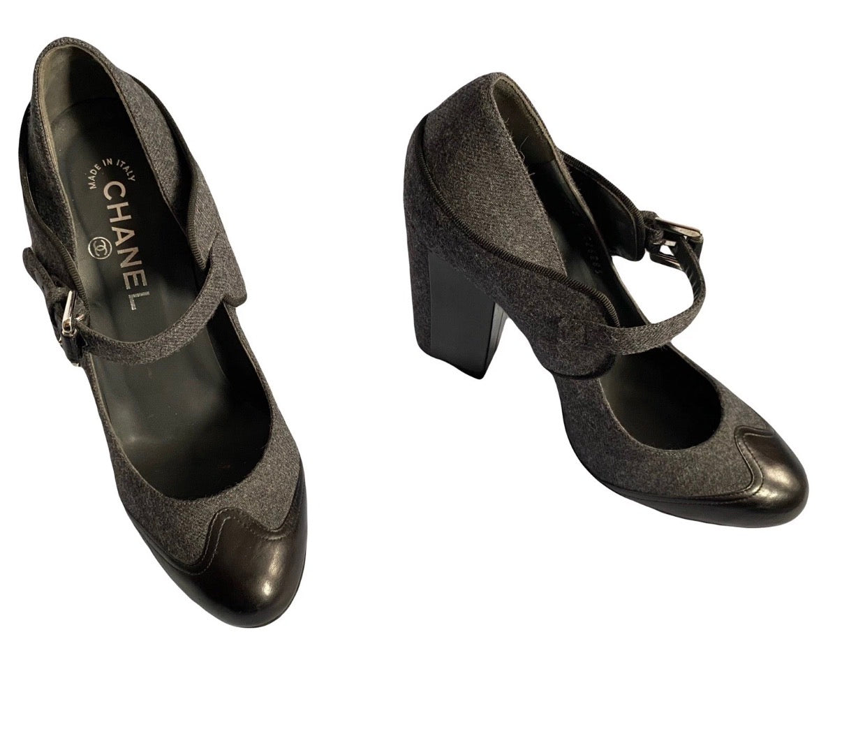 Chanel Mary Jane Pumps Grey Wool Black Leather Fall/2008 Ankle Strap 38.5eu