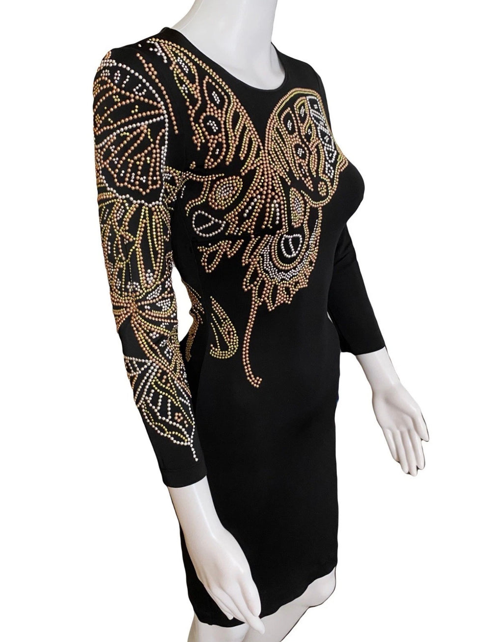 Just Cavalli Black Bodycon Slim Dress 38IT With Studded Butterfly Embellishment