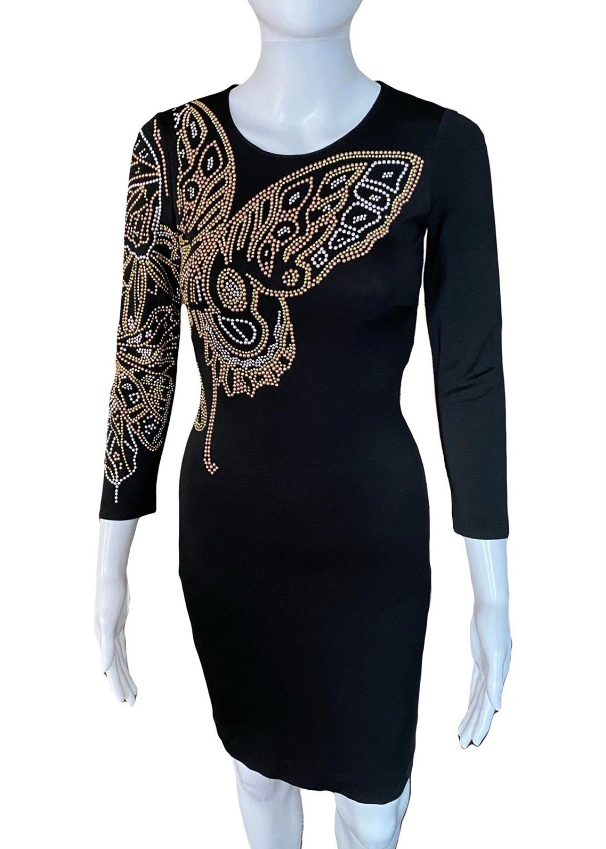 Just Cavalli Black Bodycon Slim Dress 38IT With Studded Butterfly Embellishment