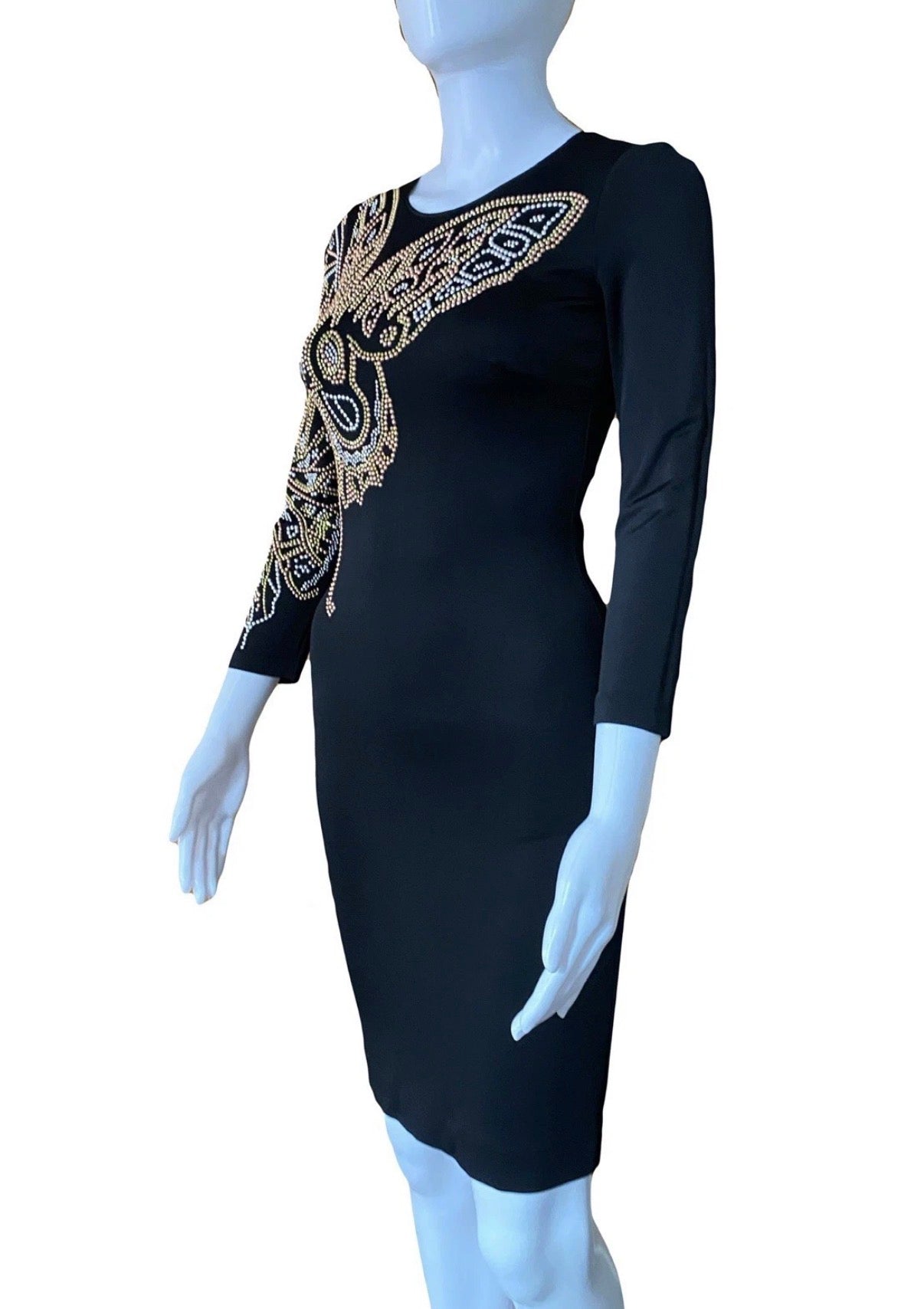 Just Cavalli Black Bodycon Slim Dress 38IT With Studded Butterfly Embellishment