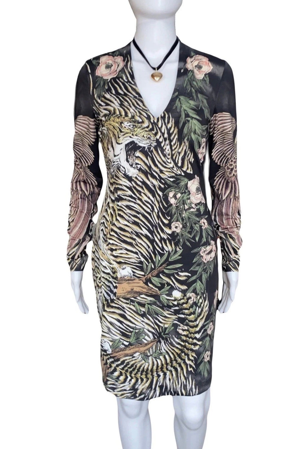 Just Cavalli Tiger Floral Print Mini Dress Long Sleeves V-Neck 42IT