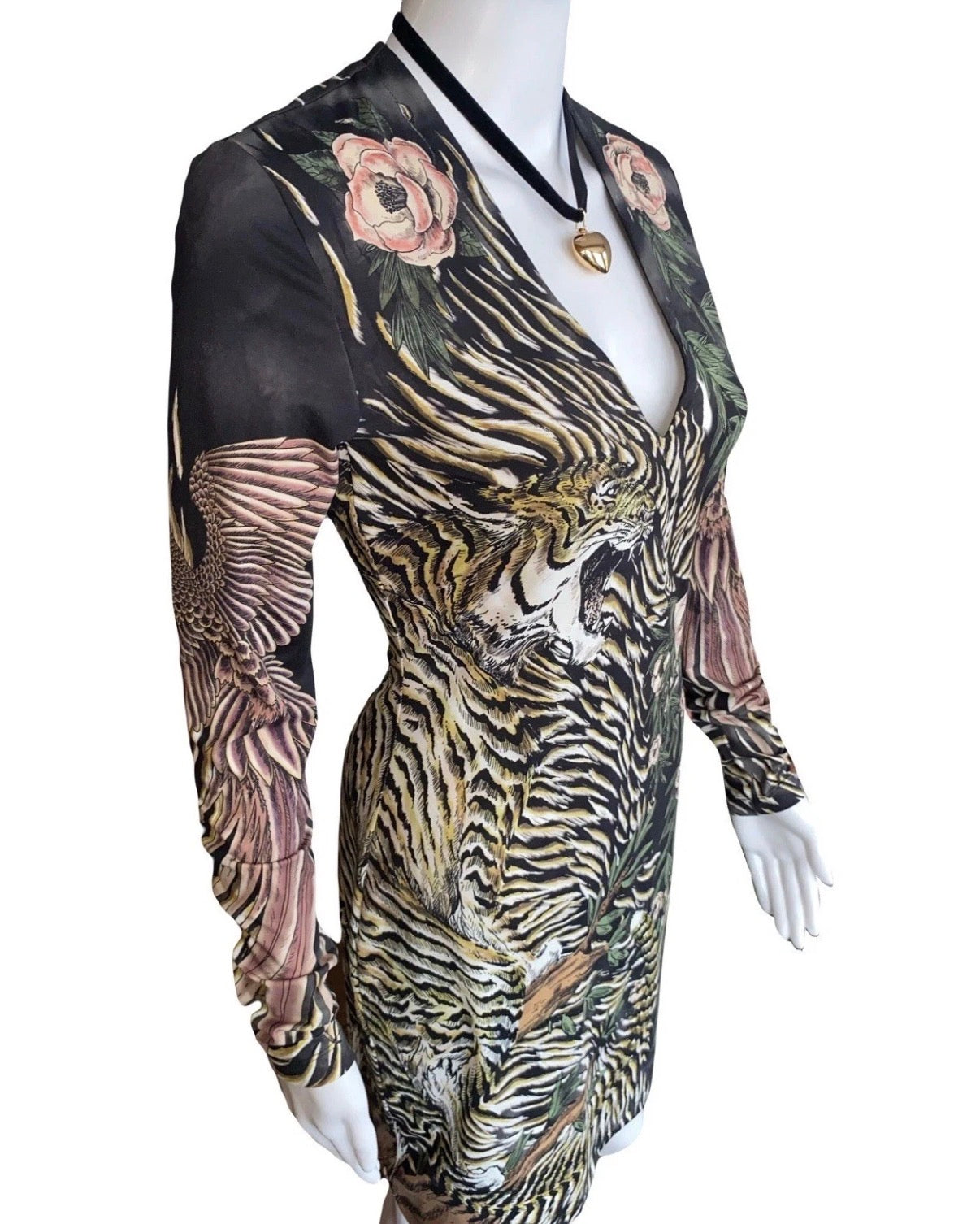 Just Cavalli Tiger Floral Print Mini Dress Long Sleeves V-Neck 42IT