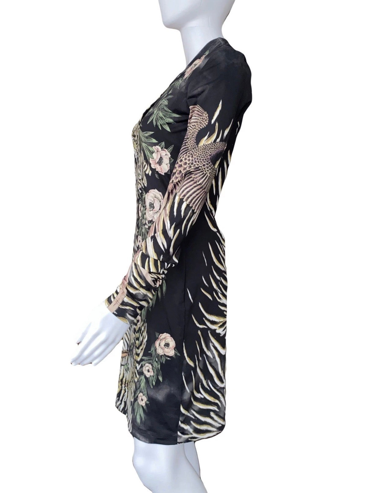 Just Cavalli Tiger Floral Print Mini Dress Long Sleeves V-Neck 42IT