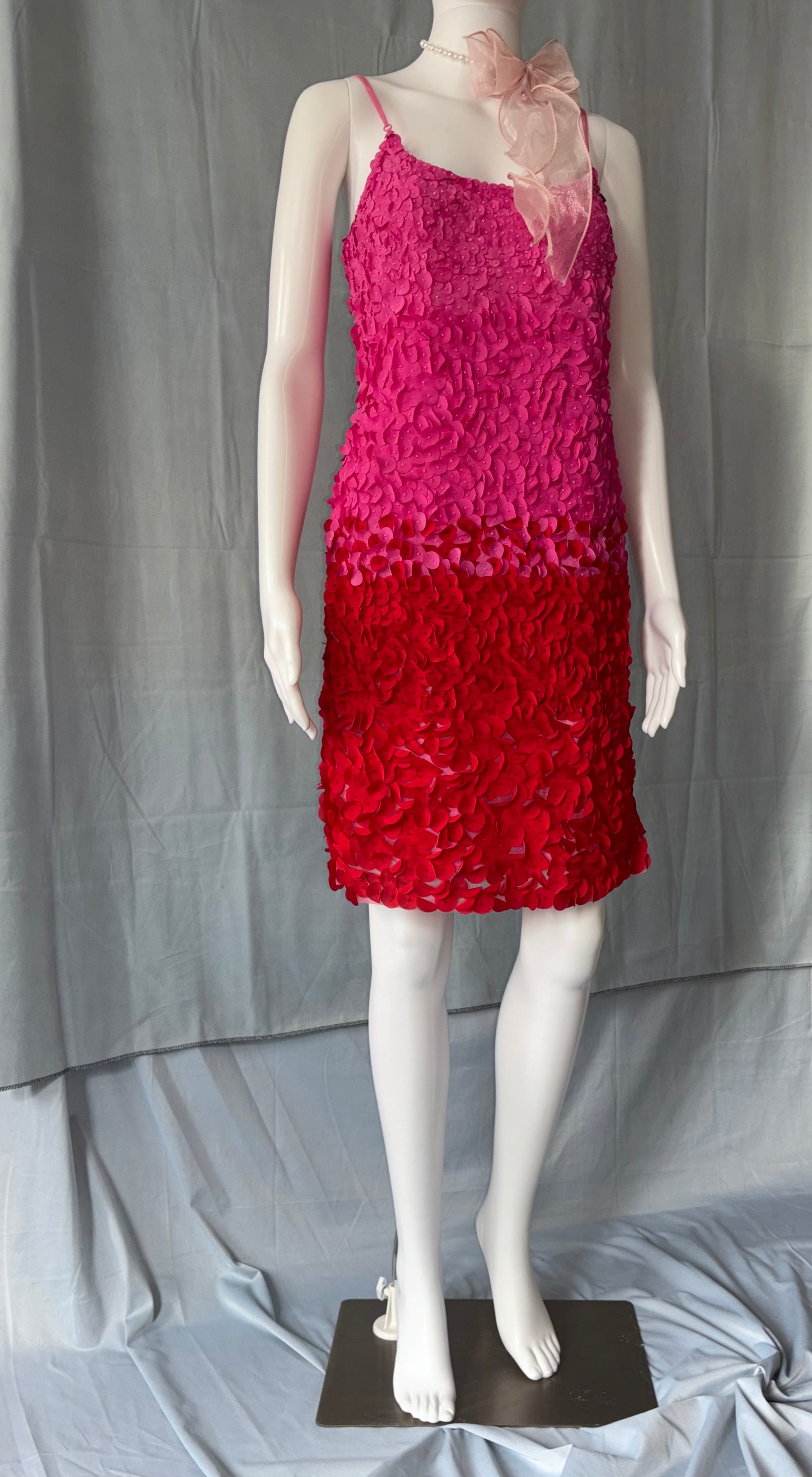 John Galliano Pink Red Petal Embellishments Mini Dress 40IT.