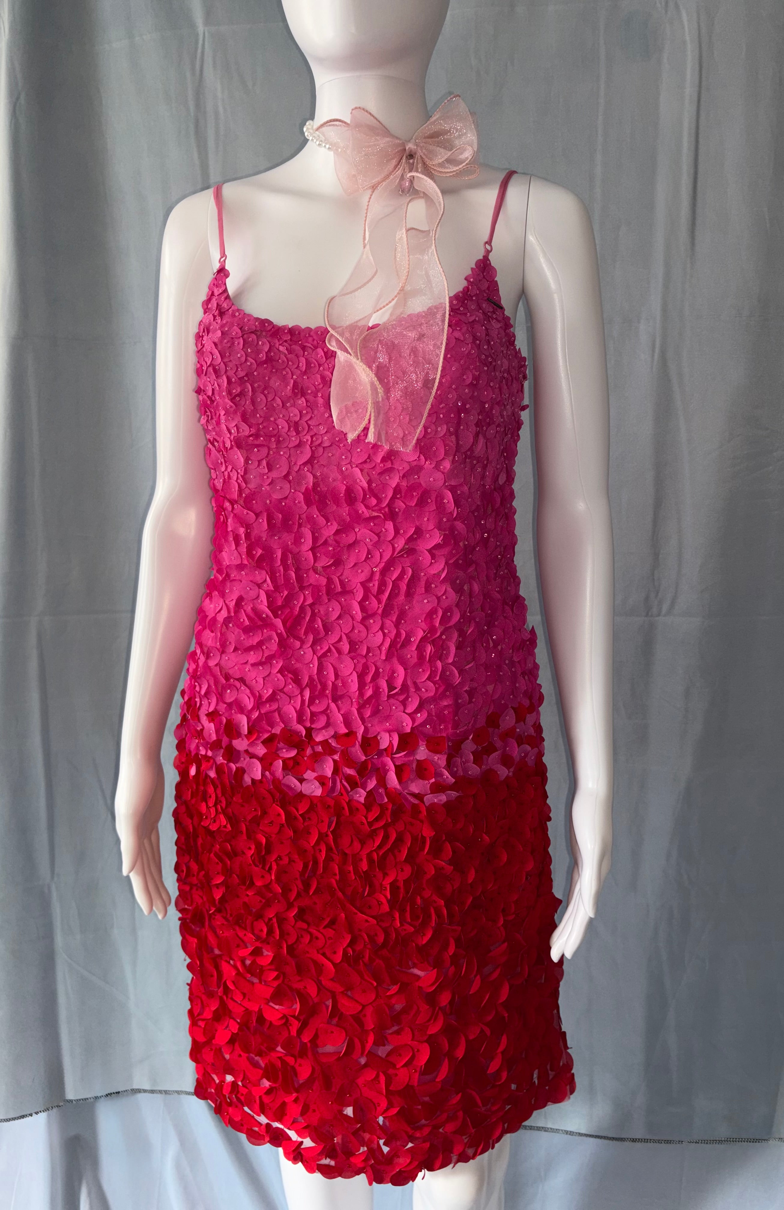 John Galliano Pink Red Petal Embellishments Mini Dress 40IT.