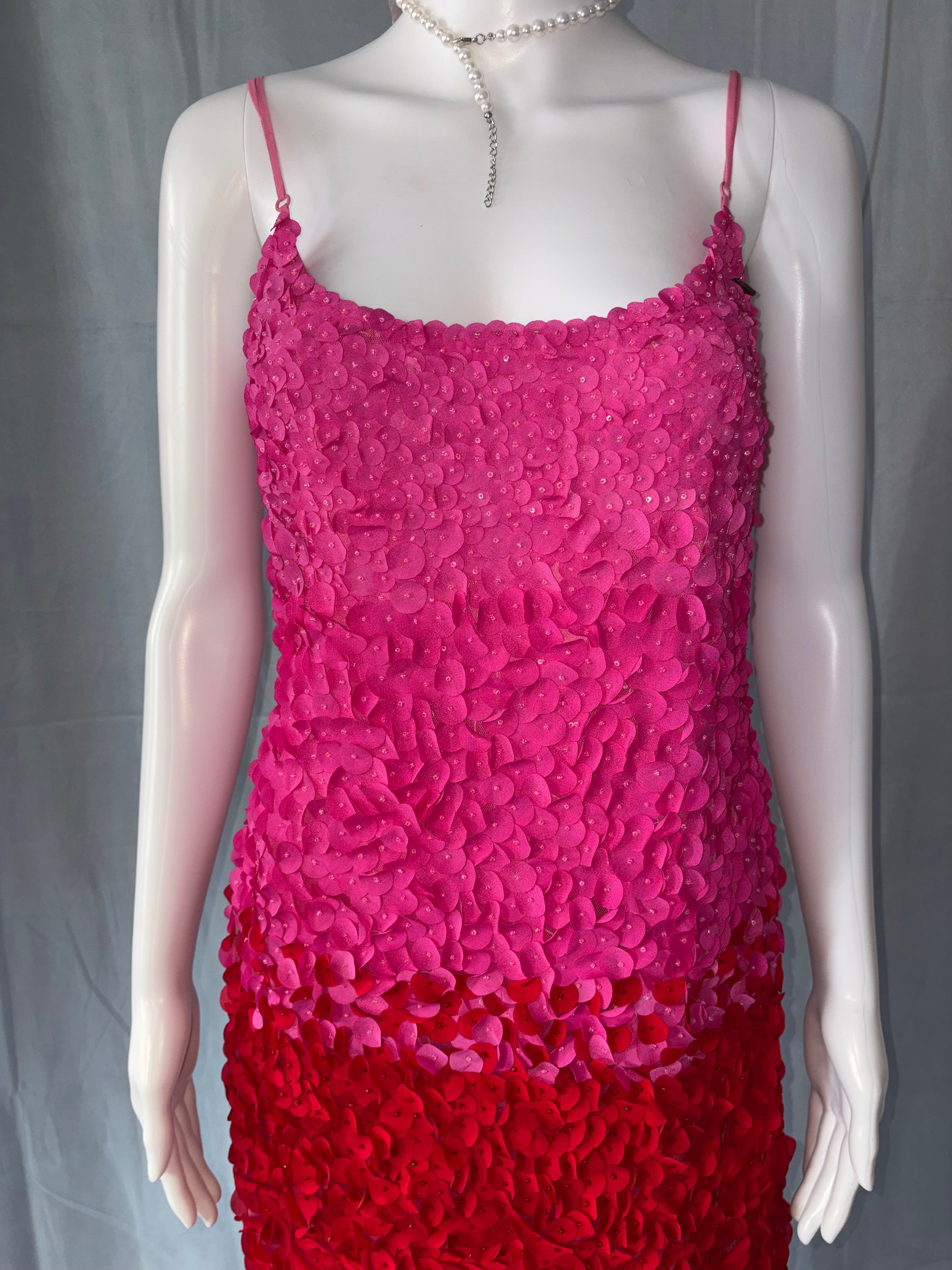 John Galliano Pink Red Petal Embellishments Mini Dress 40IT.