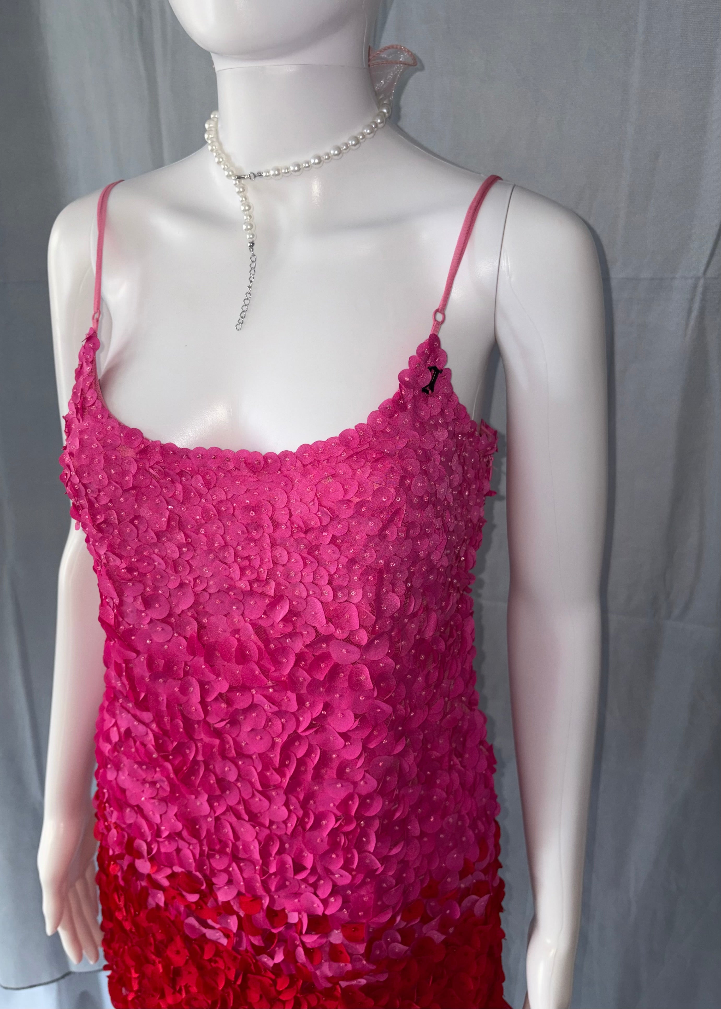 John Galliano Pink Red Petal Embellishments Mini Dress 40IT.