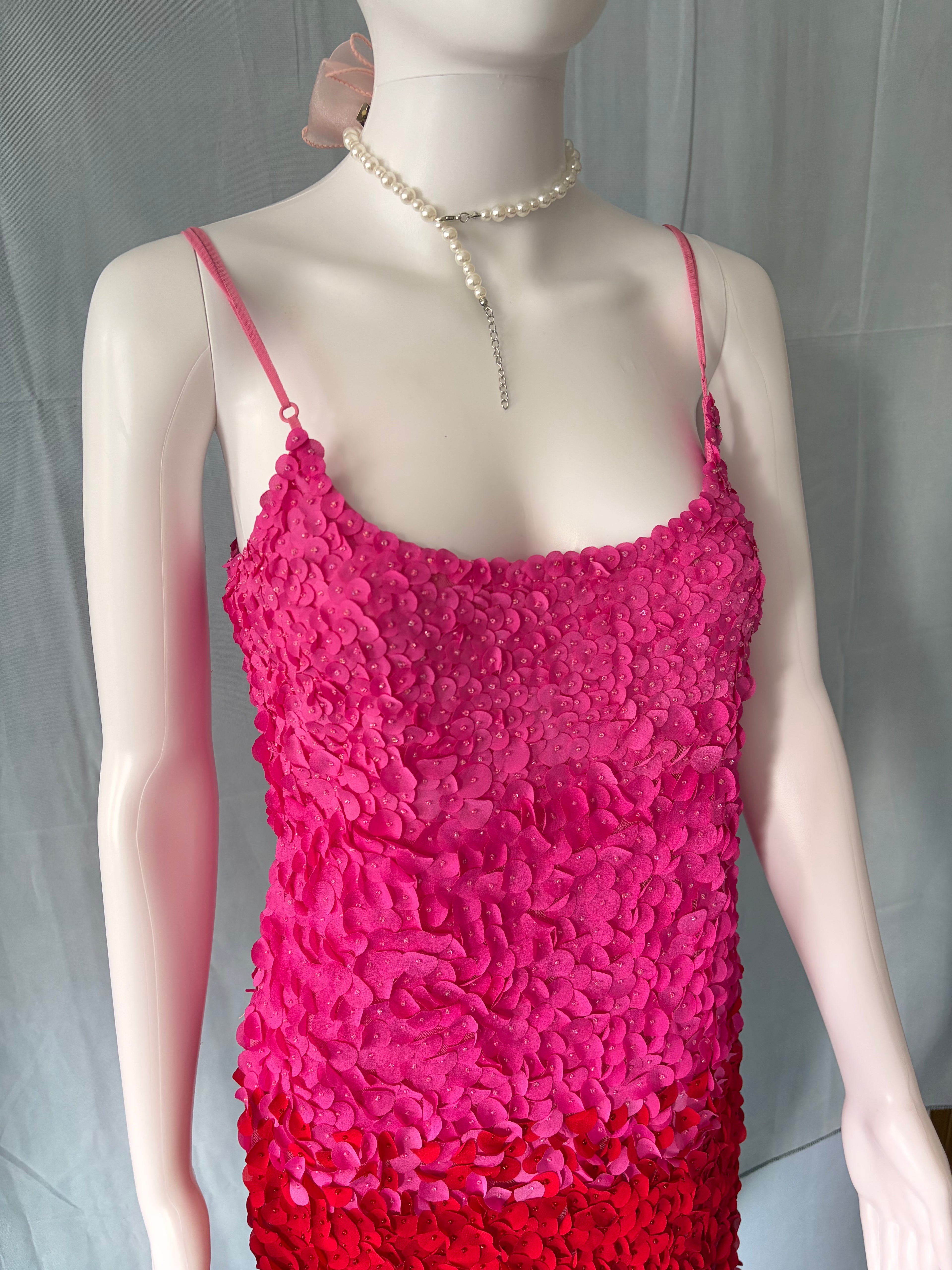 John Galliano Pink Red Petal Embellishments Mini Dress 40IT.