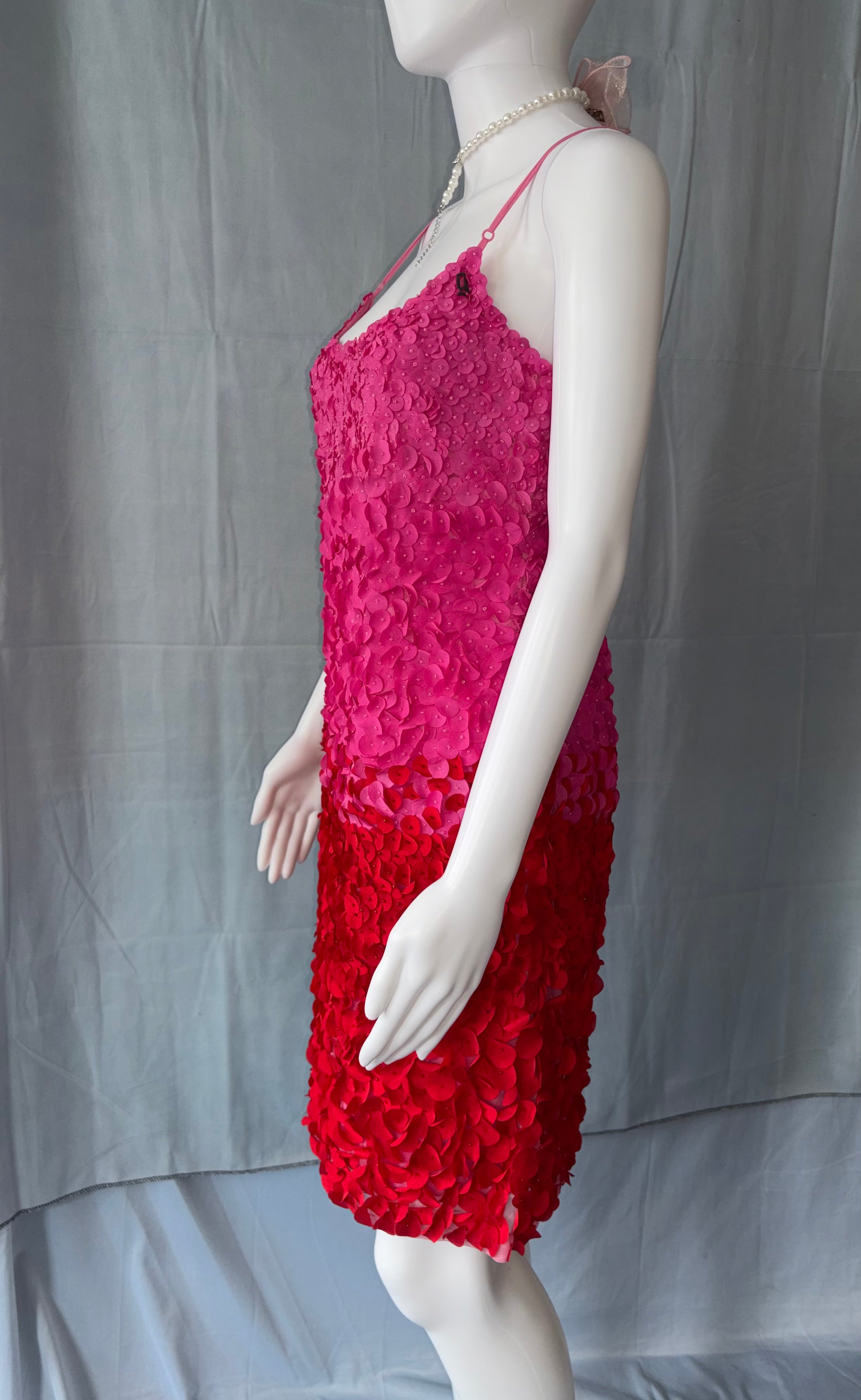 John Galliano Pink Red Petal Embellishments Mini Dress 40IT.