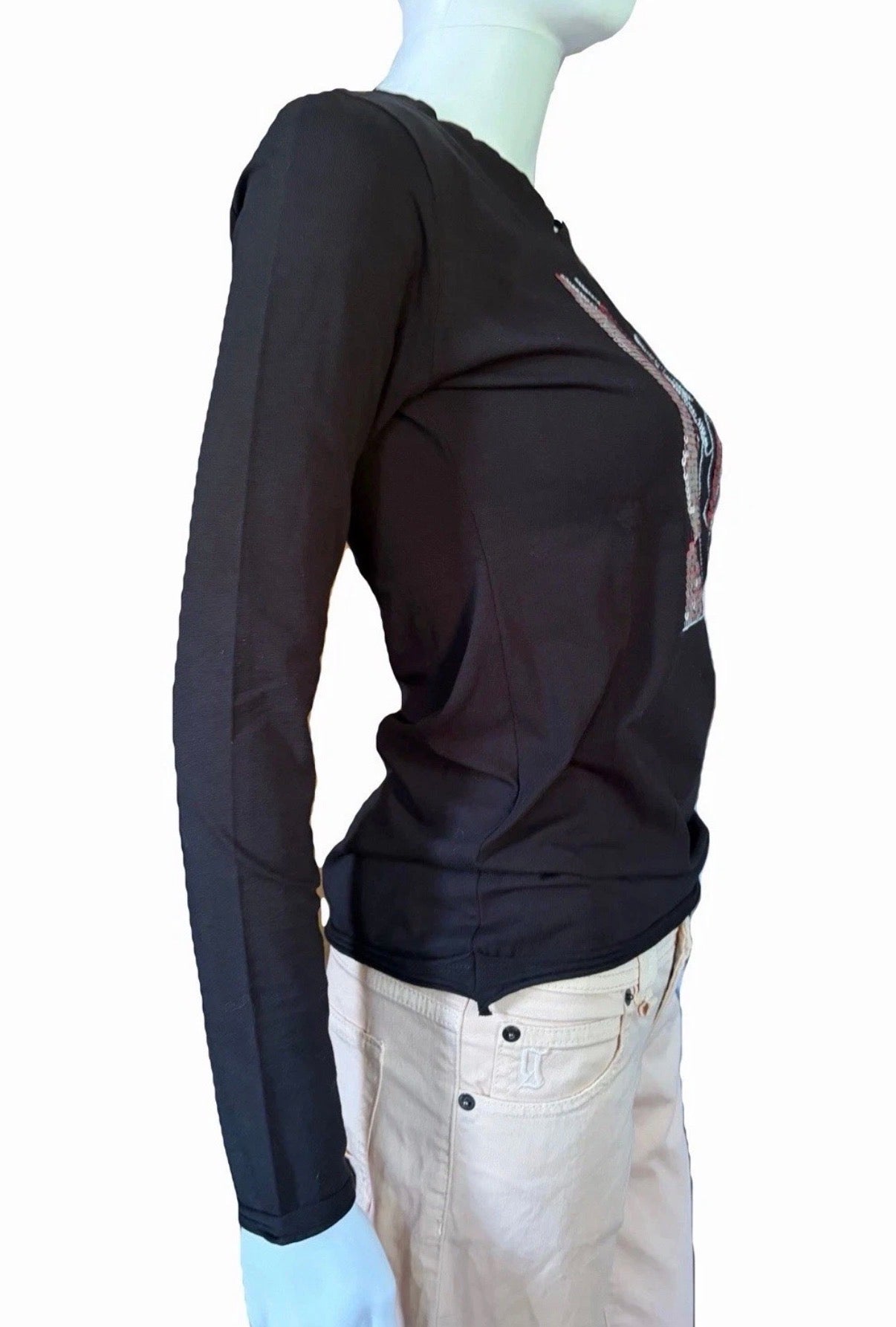 John Galliano 2000s Black Long Sleeve Top Sequin Embroidery L