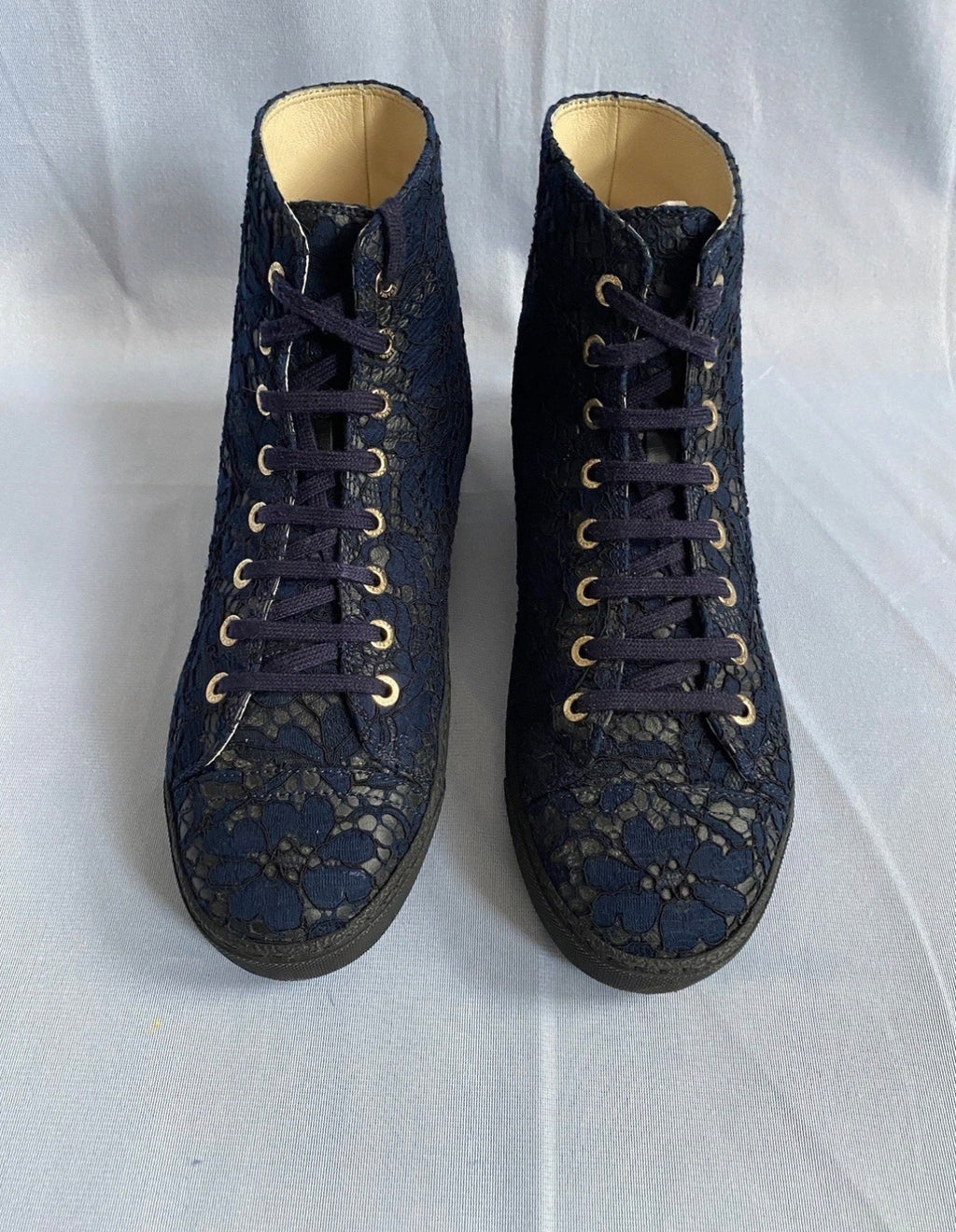 Chanel Navy High Top Lace Leather Trainers 38eu