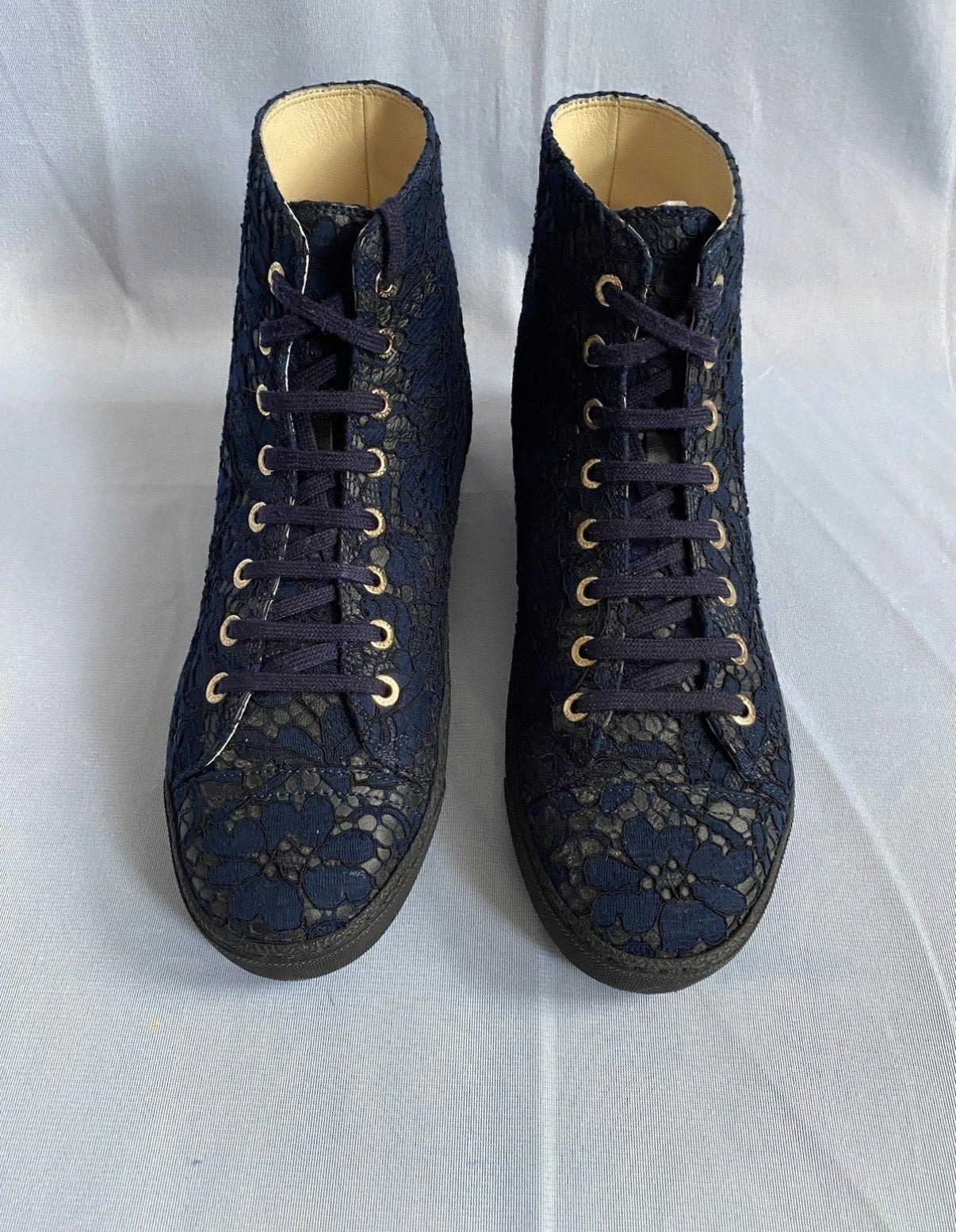 Chanel Navy High Top Lace Leather Trainers 38eu