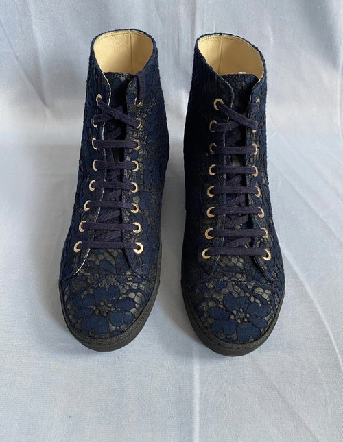 Chanel Navy High Top Lace Leather Trainers 38eu
