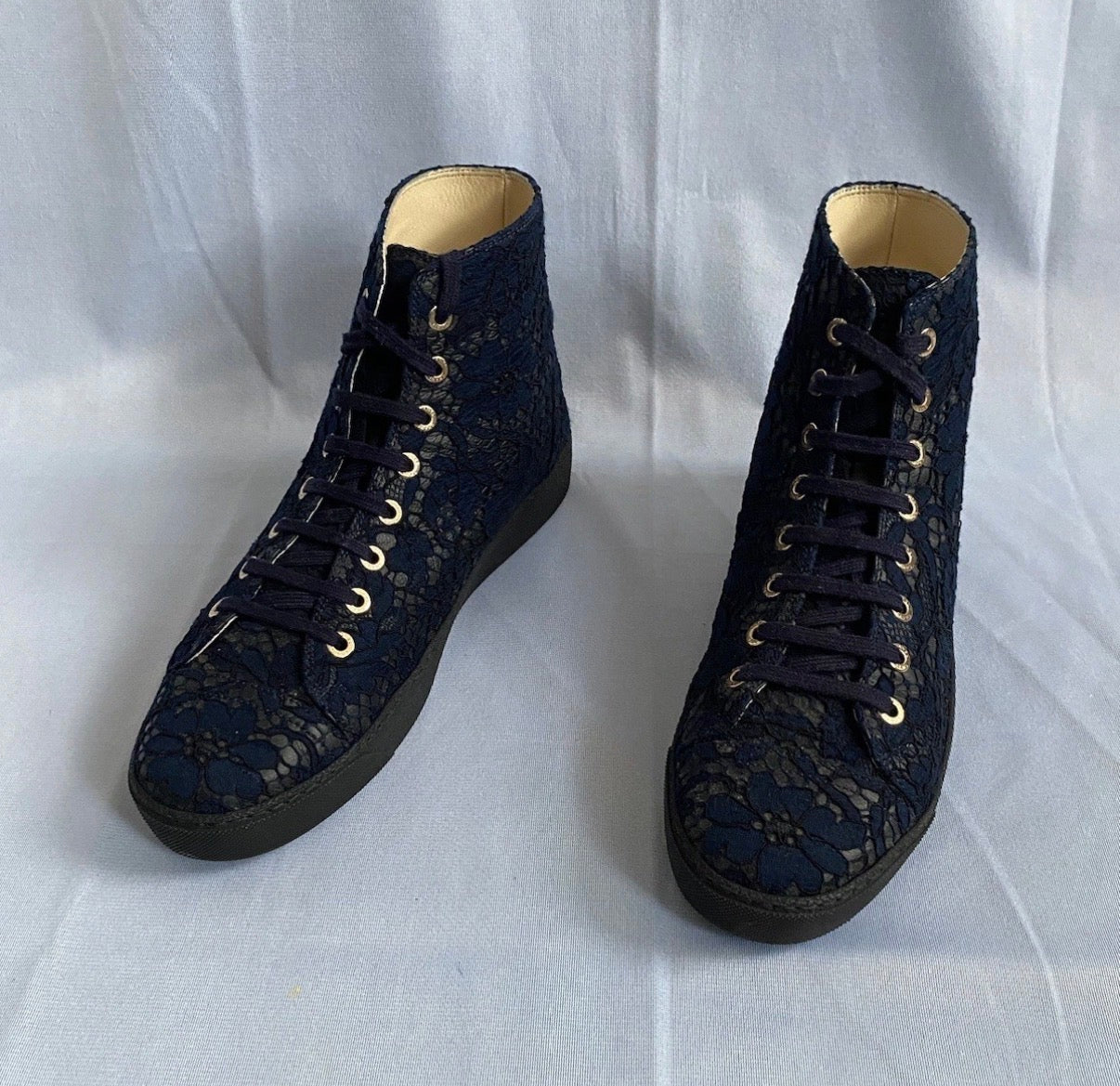 Chanel Navy High Top Lace Leather Trainers 38eu