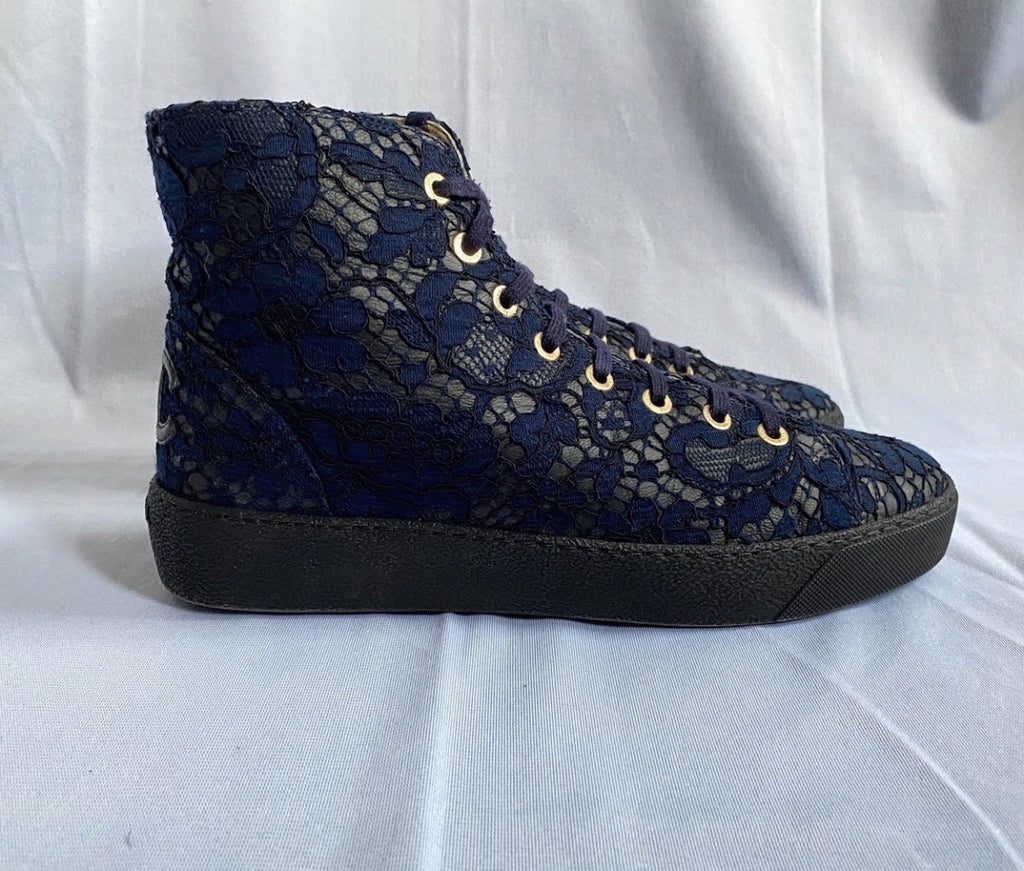 Chanel Navy High Top Lace Leather Trainers 38eu