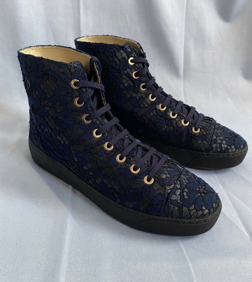 Chanel Navy High Top Lace Leather Trainers 38eu