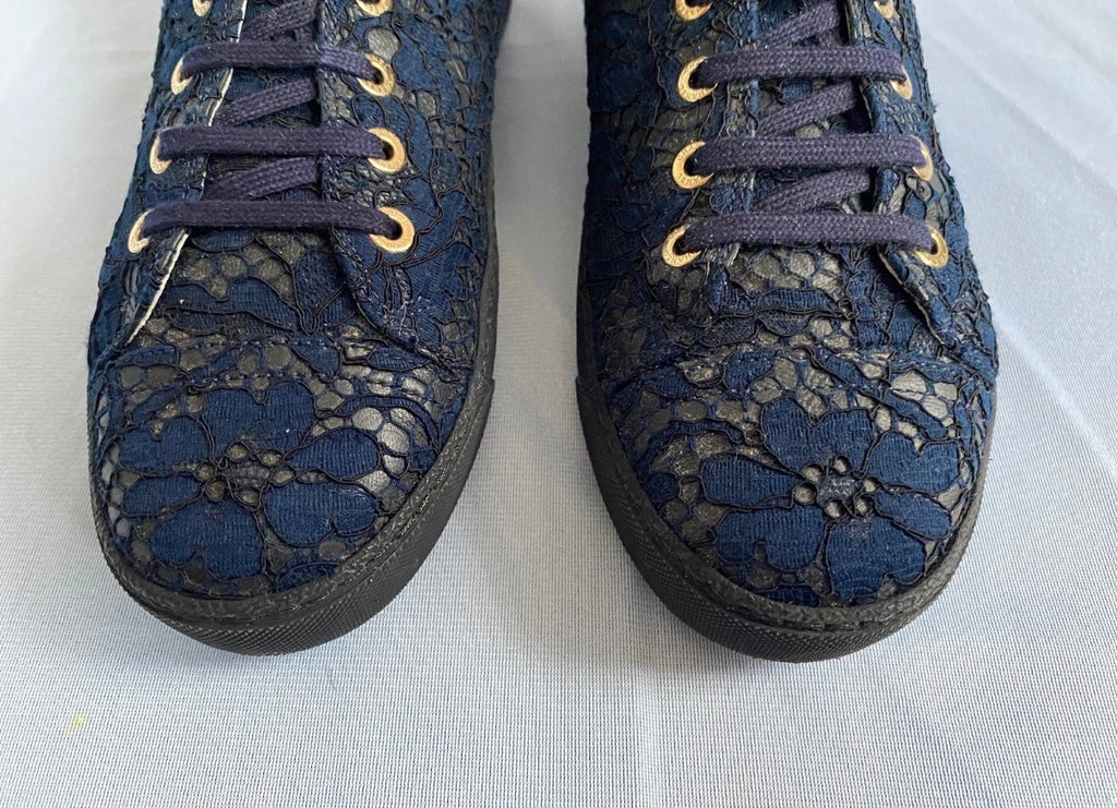 Chanel Navy High Top Lace Leather Trainers 38eu