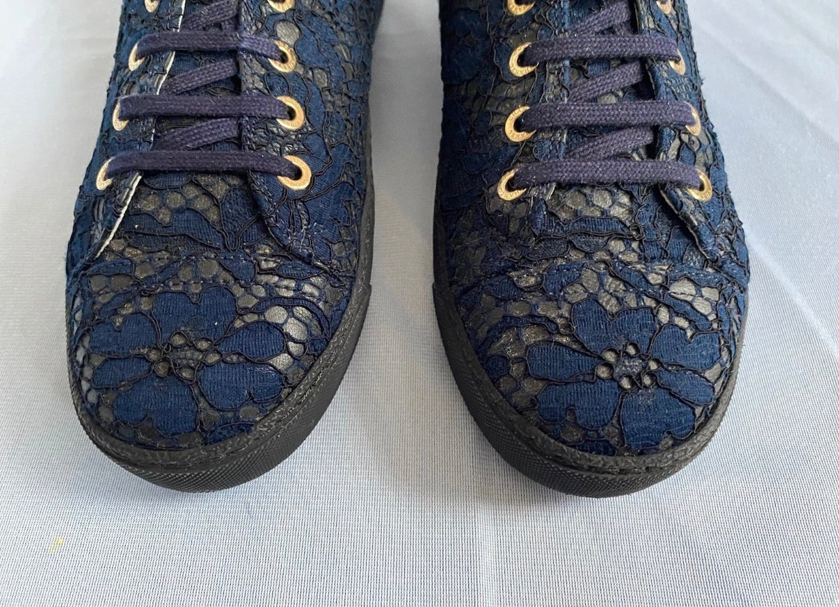 Chanel Navy High Top Lace Leather Trainers 38eu