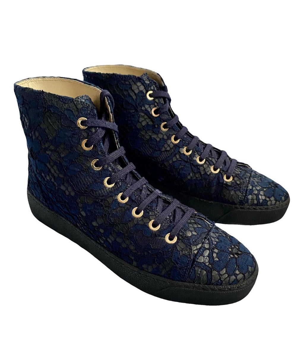 Chanel Navy High Top Lace Leather Trainers 38eu