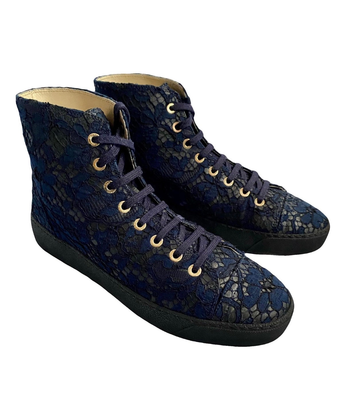 Chanel Navy High Top Lace Leather Trainers 38eu