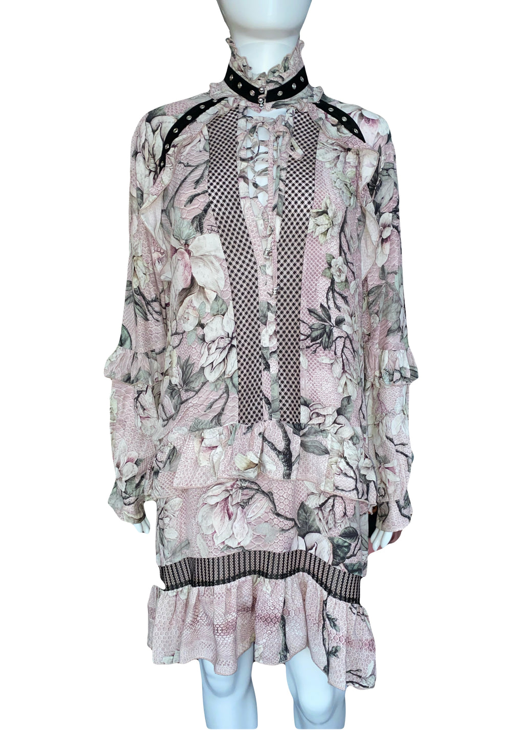Just Cavalli Pink Floral Dress Mid Length Lace Up With Ruffles 40 IT