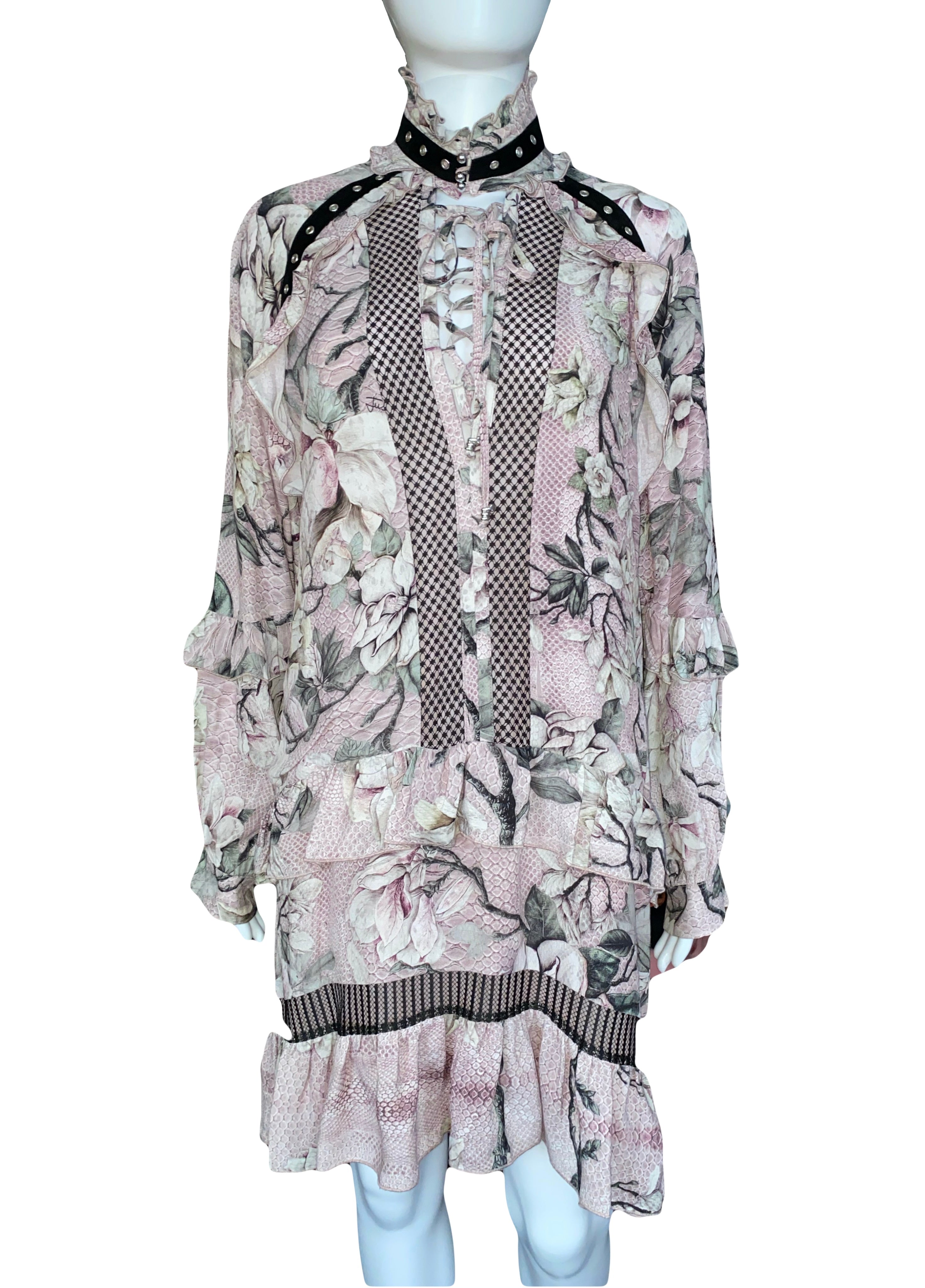 Just Cavalli Pink Floral Dress Mid Length Lace Up With Ruffles 40 IT