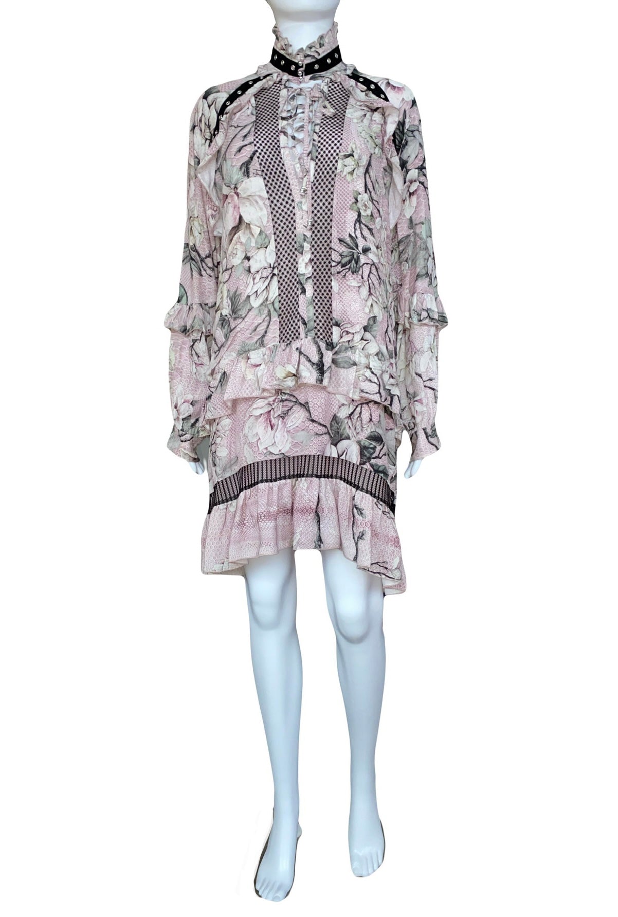 Just Cavalli Pink Floral Dress Mid Length Lace Up With Ruffles 40 IT