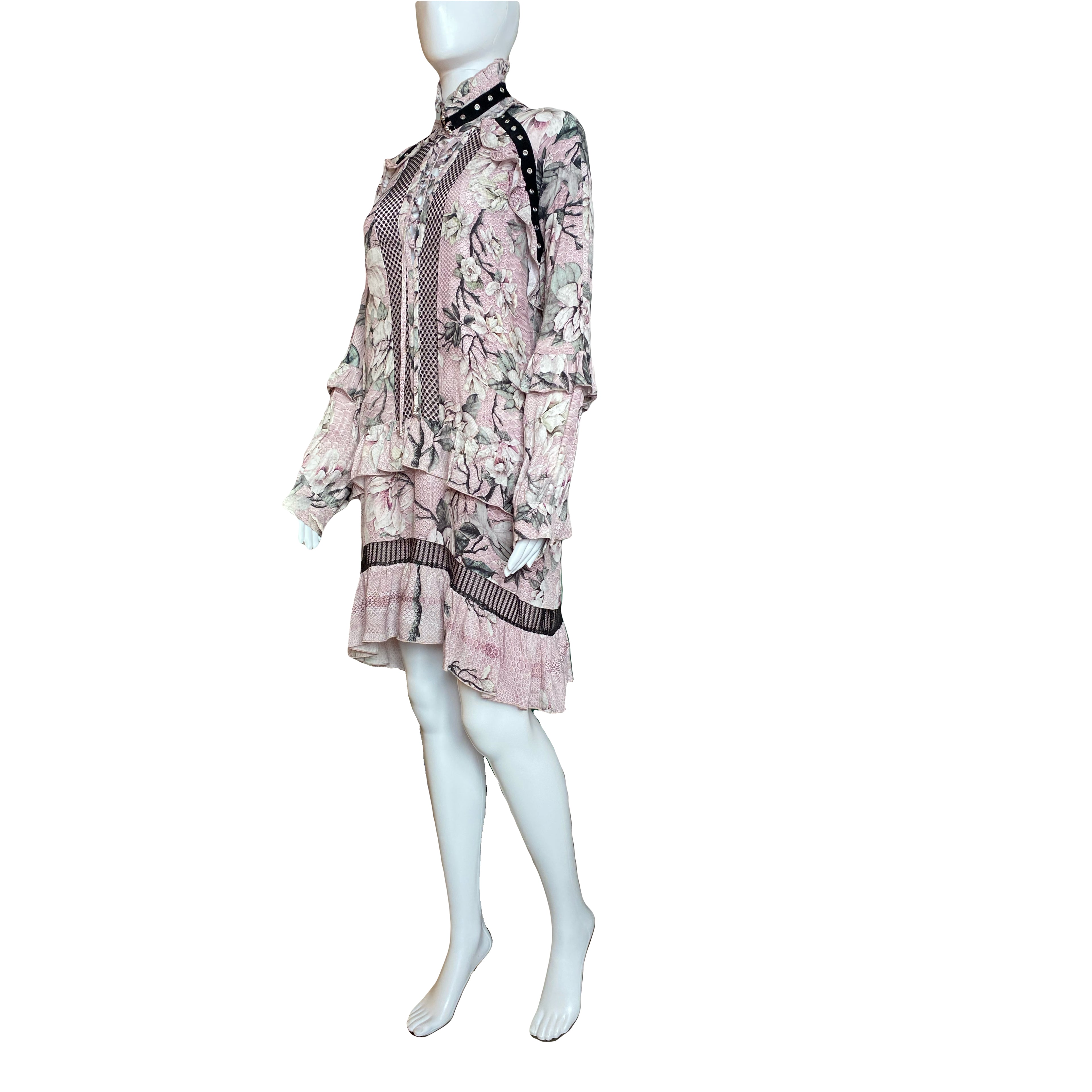 Just Cavalli Pink Floral Dress Mid Length Lace Up With Ruffles 40 IT
