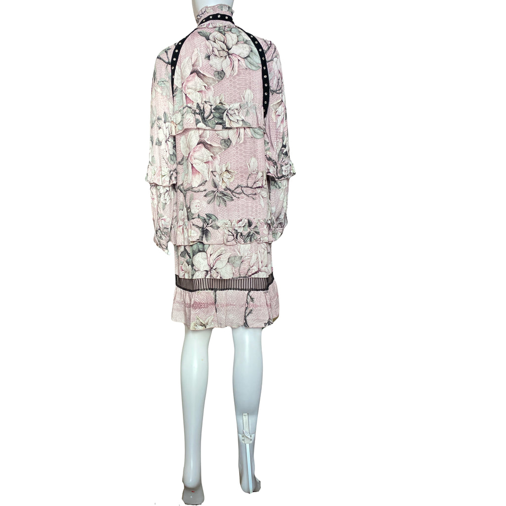 Just Cavalli Pink Floral Dress Mid Length Lace Up With Ruffles 40 IT