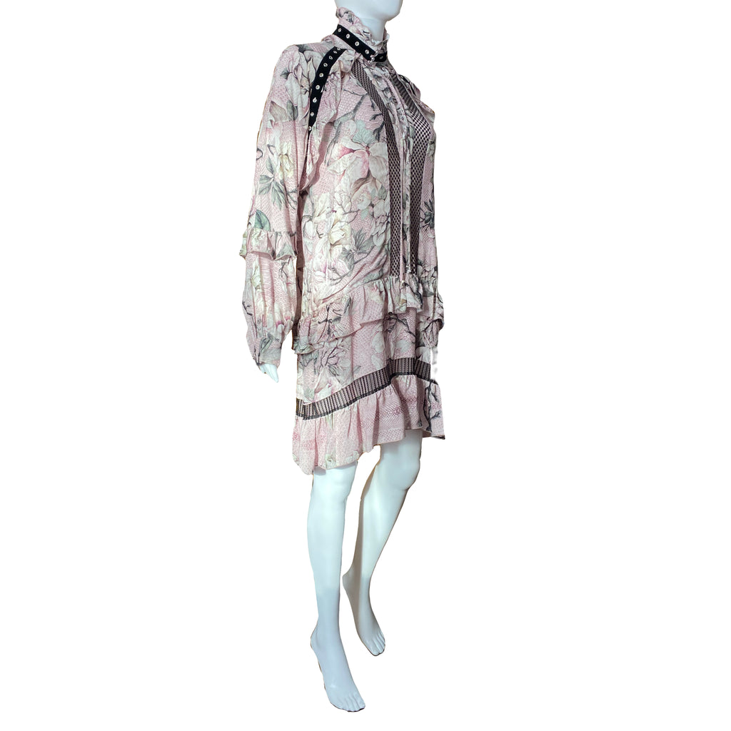 Just Cavalli Pink Floral Dress Mid Length Lace Up With Ruffles 40 IT
