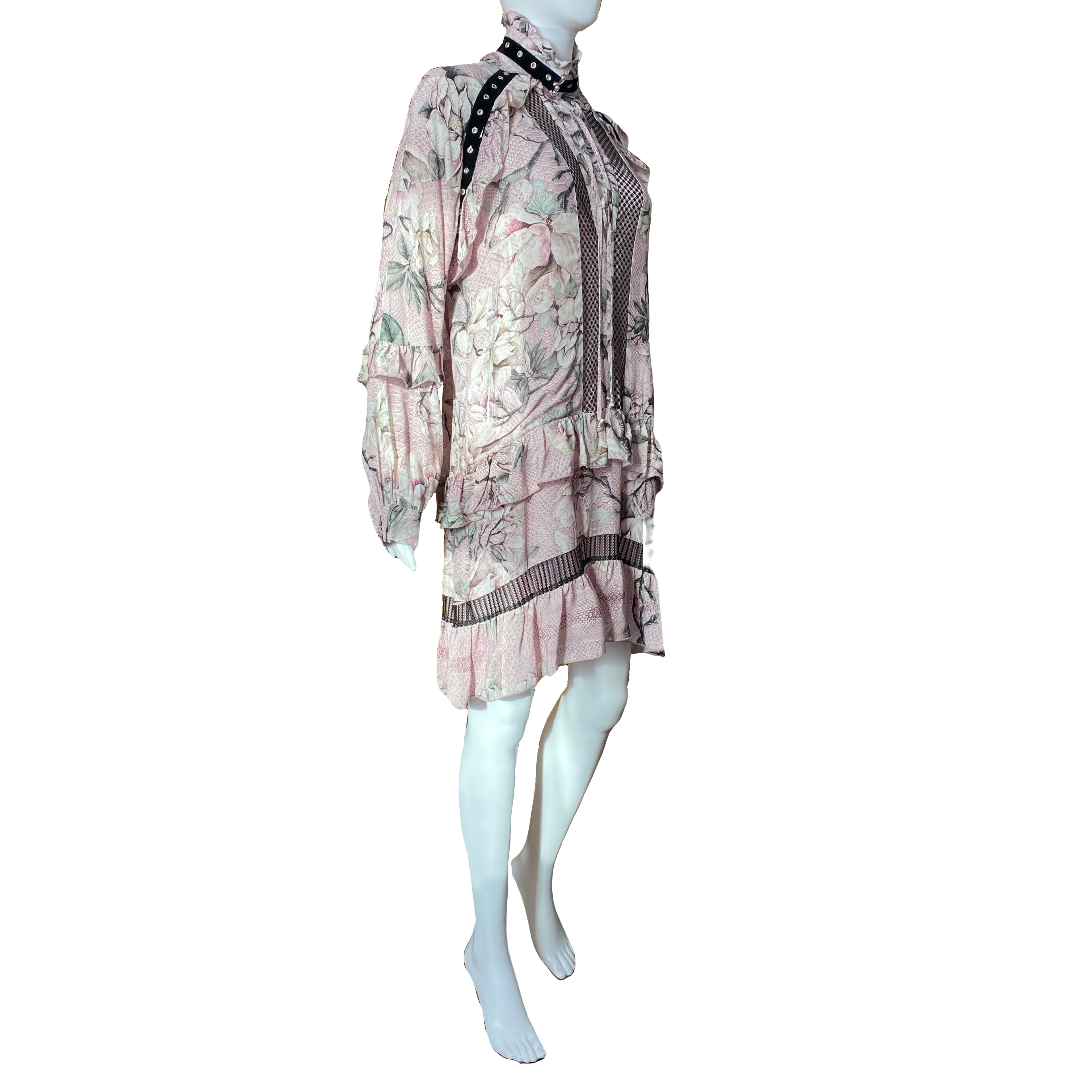 Just Cavalli Pink Floral Dress Mid Length Lace Up With Ruffles 40 IT