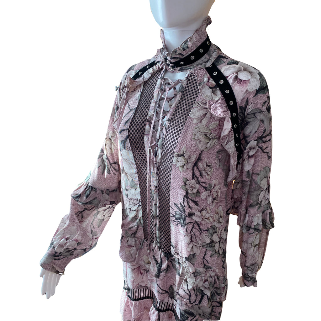 Just Cavalli Pink Floral Dress Mid Length Lace Up With Ruffles 40 IT