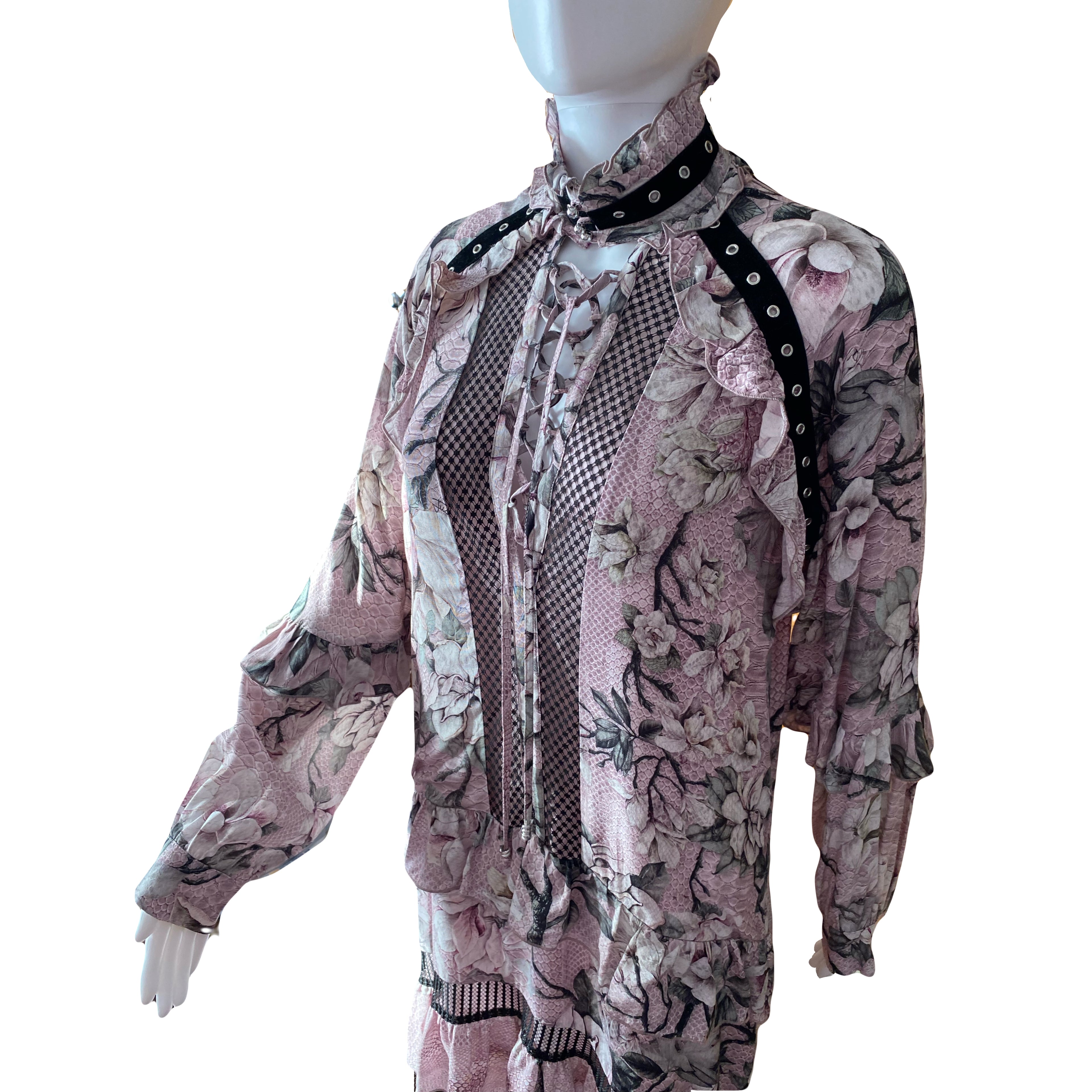 Just Cavalli Pink Floral Dress Mid Length Lace Up With Ruffles 40 IT