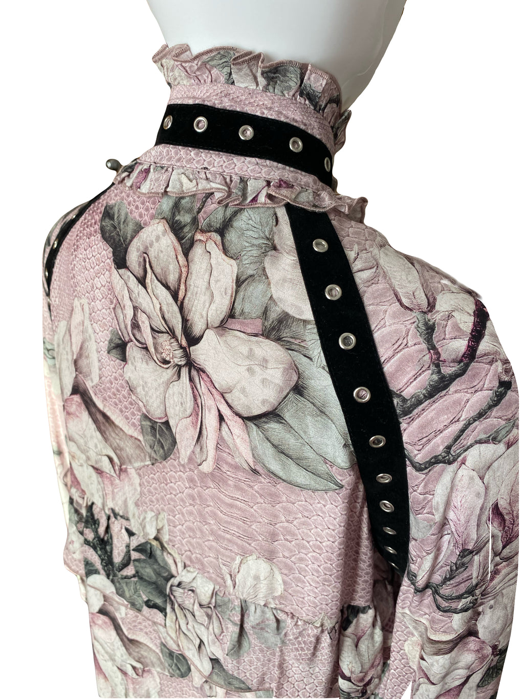 Just Cavalli Pink Floral Dress Mid Length Lace Up With Ruffles 40 IT