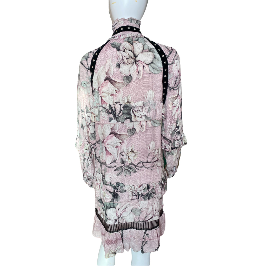 Just Cavalli Pink Floral Dress Mid Length Lace Up With Ruffles 40 IT