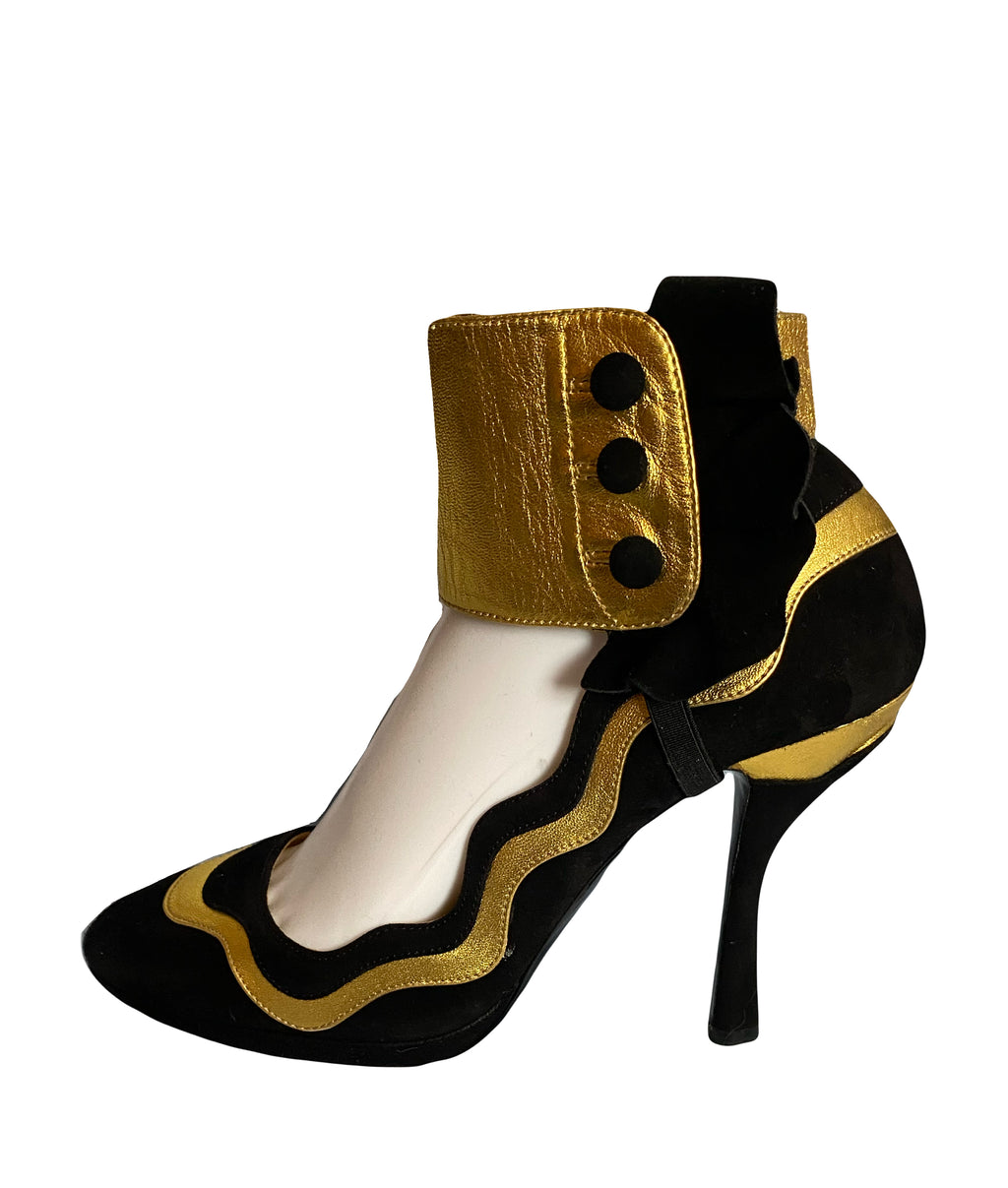 Prada Black Suede Gold Leather Trim Pumps 39uk Fairy Collection Spring/Summer 2008