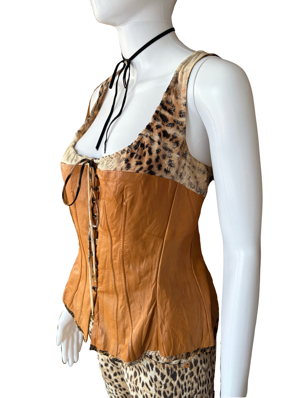 Roberto Cavalli 2003 Brown Leather Silk Corset Leopard Print M
