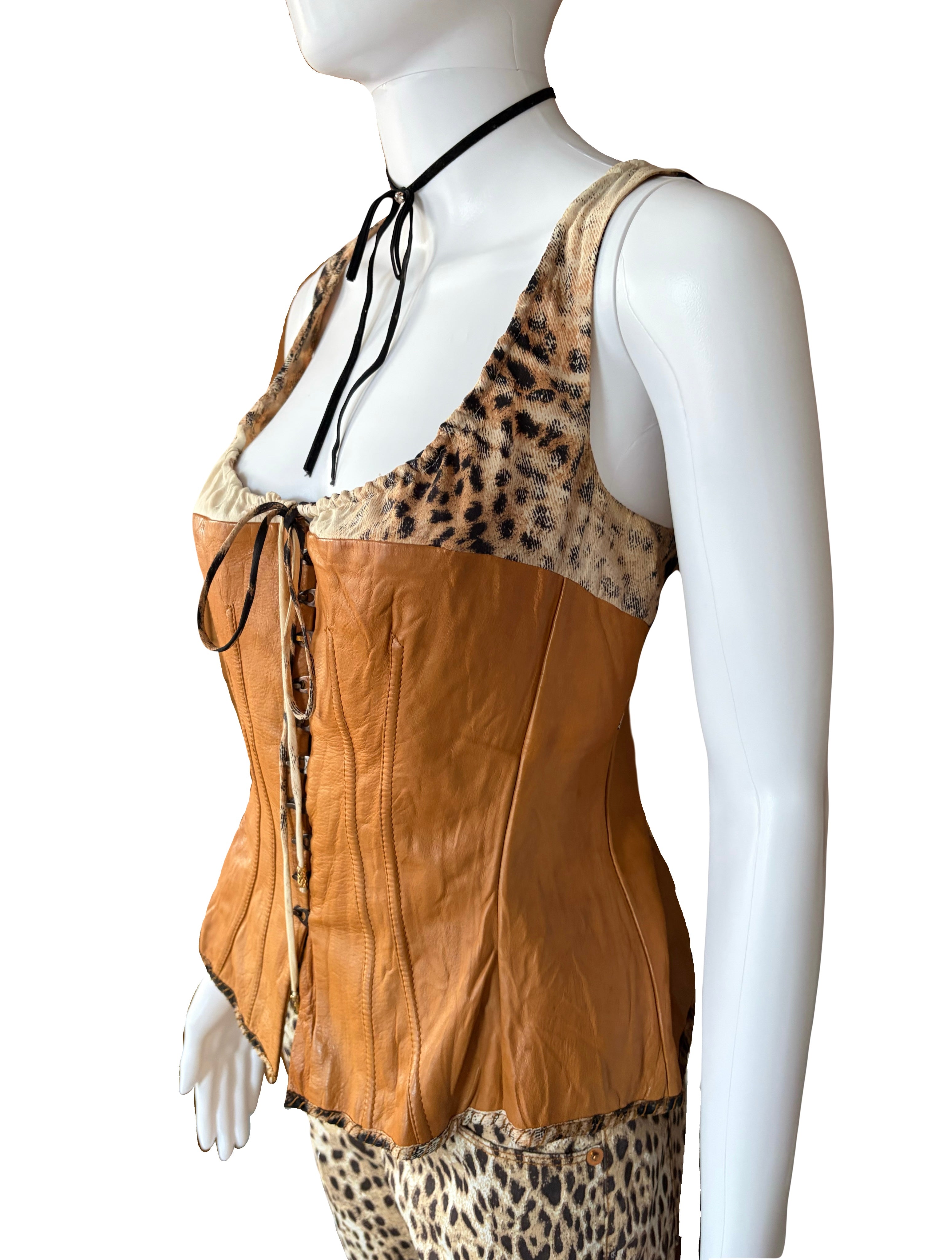 Roberto Cavalli 2003 Brown Leather Silk Corset Leopard Print M