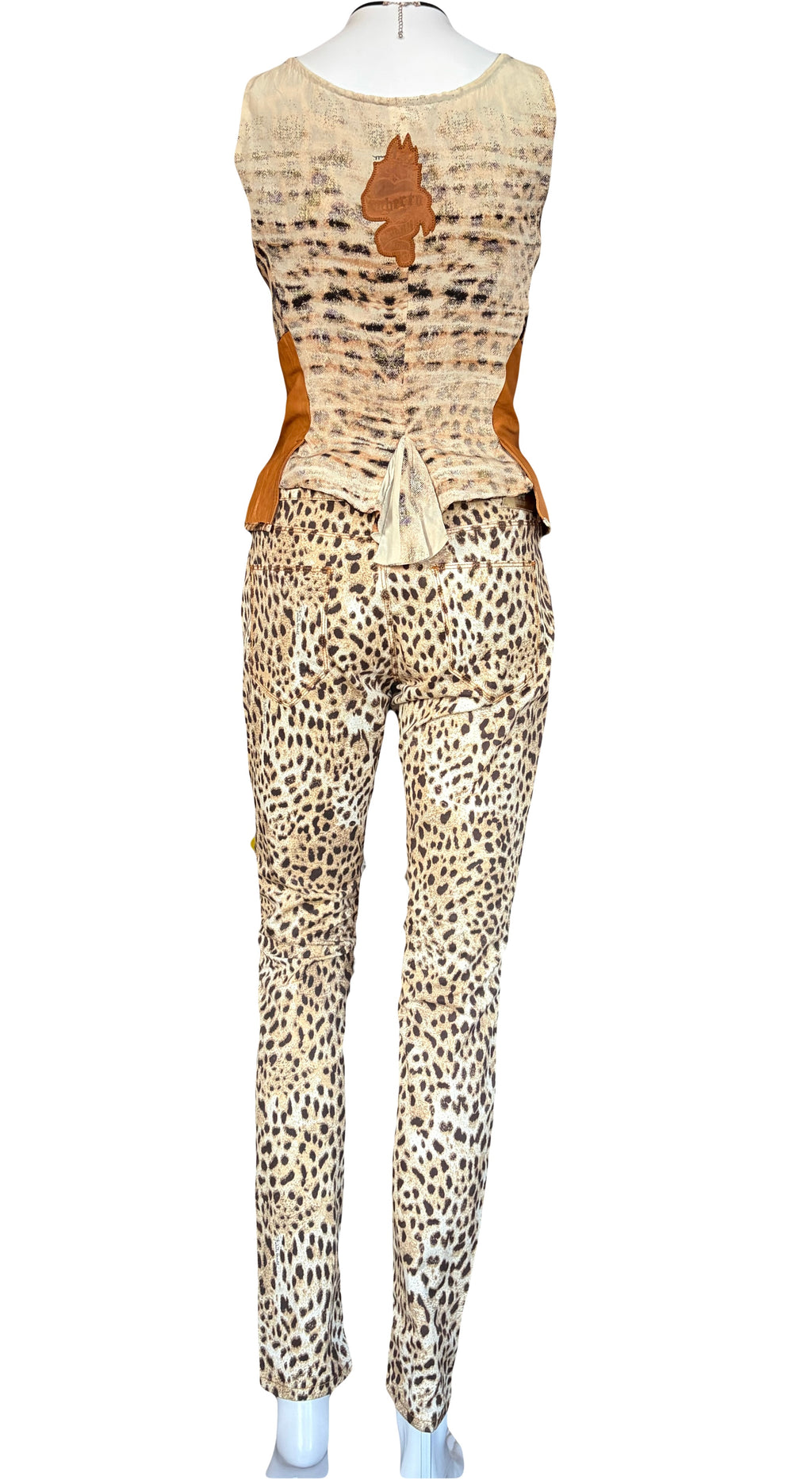 Roberto Cavalli 2003 Brown Leather Silk Corset Leopard Print M