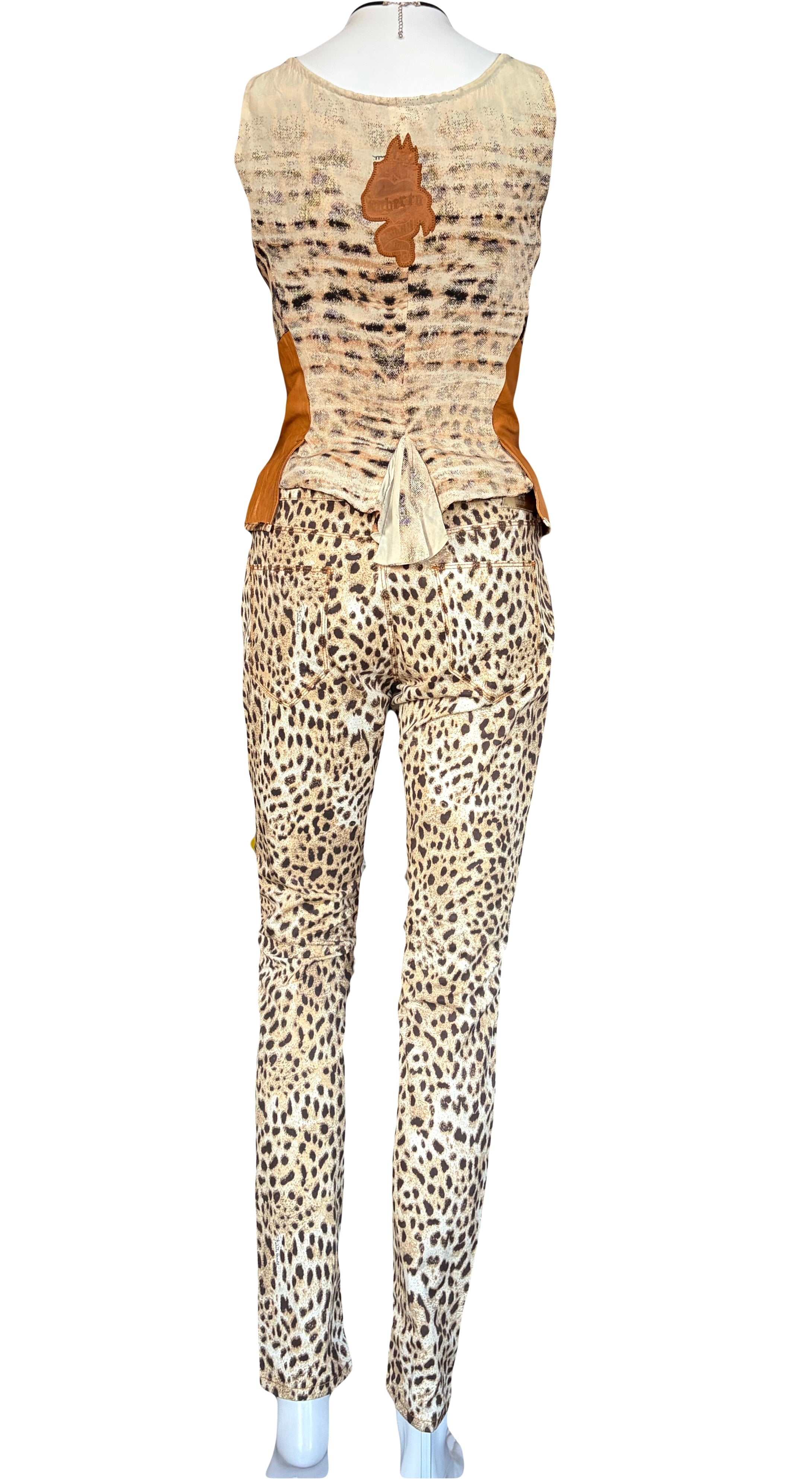 Roberto Cavalli 2003 Brown Leather Silk Corset Leopard Print M