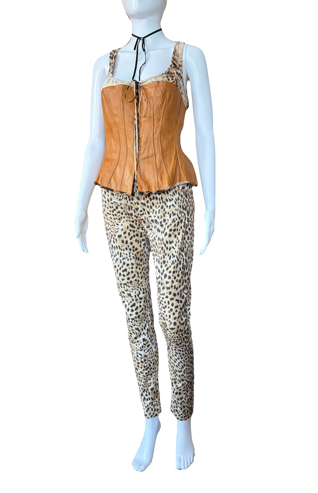 Roberto Cavalli 2003 Brown Leather Silk Corset Leopard Print M