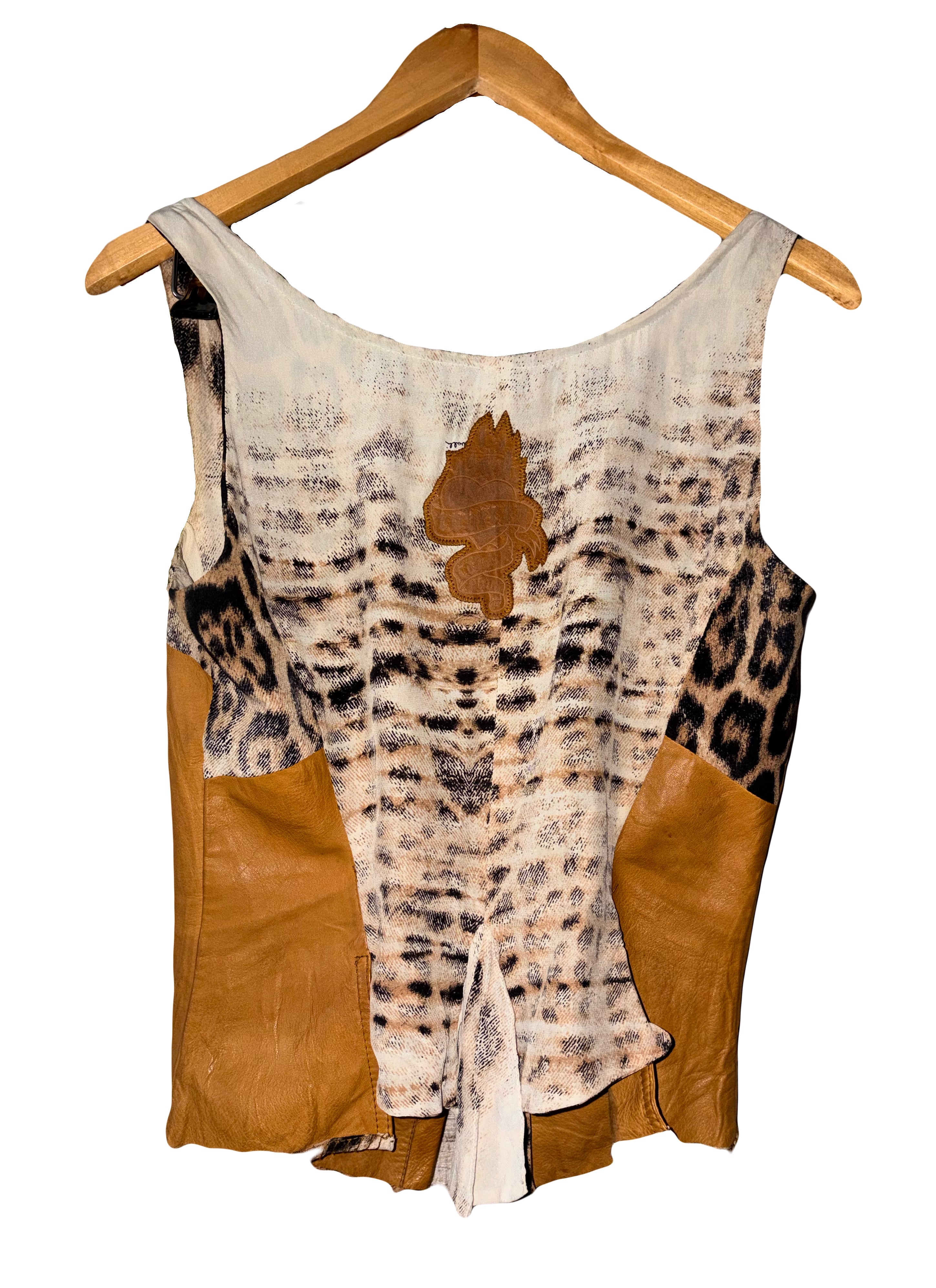 Roberto Cavalli 2003 Brown Leather Silk Corset Leopard Print M