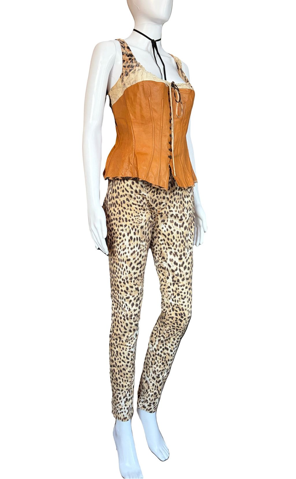 Roberto Cavalli 2003 Brown Leather Silk Corset Leopard Print M