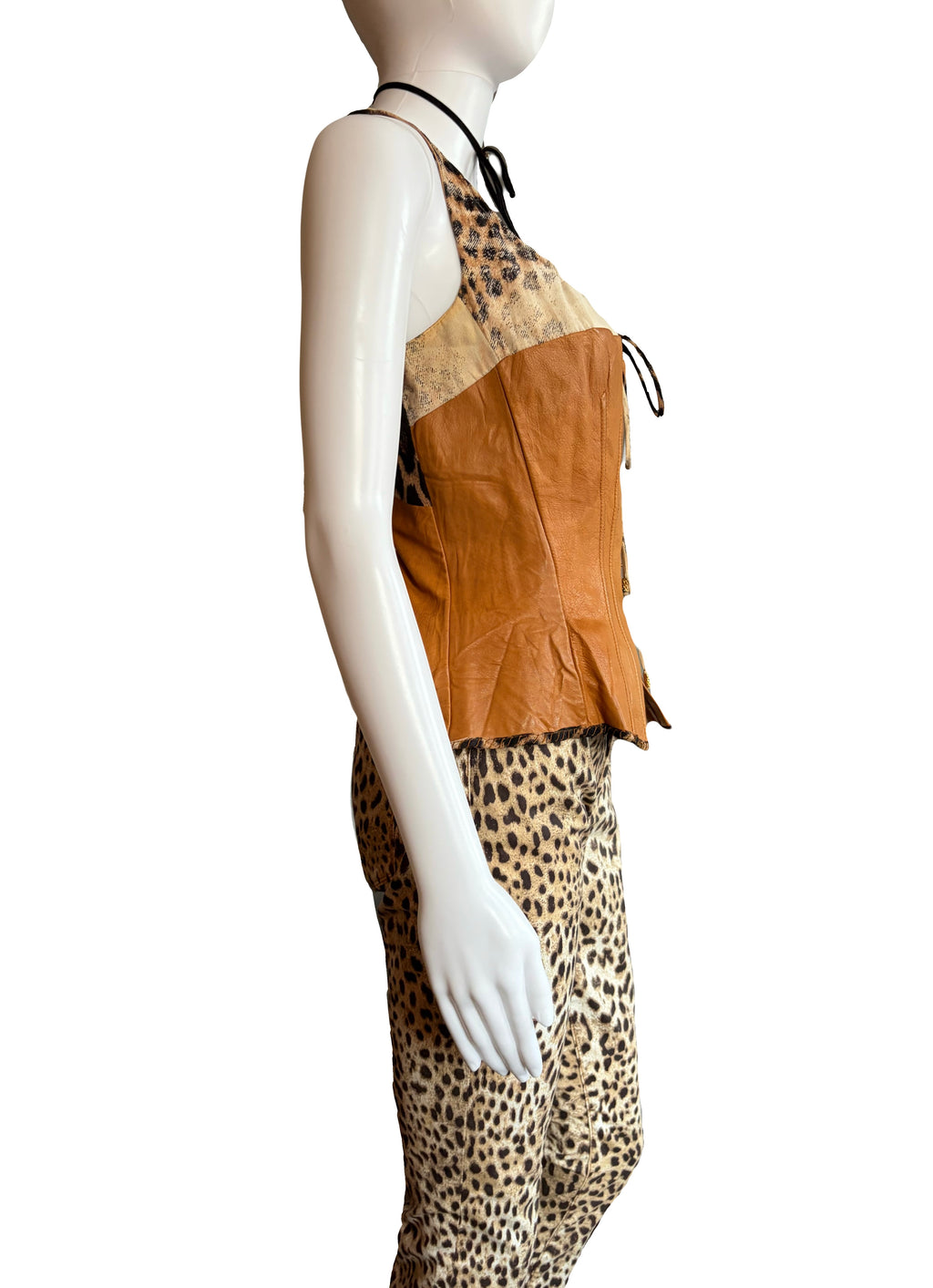 Roberto Cavalli 2003 Brown Leather Silk Corset Leopard Print M