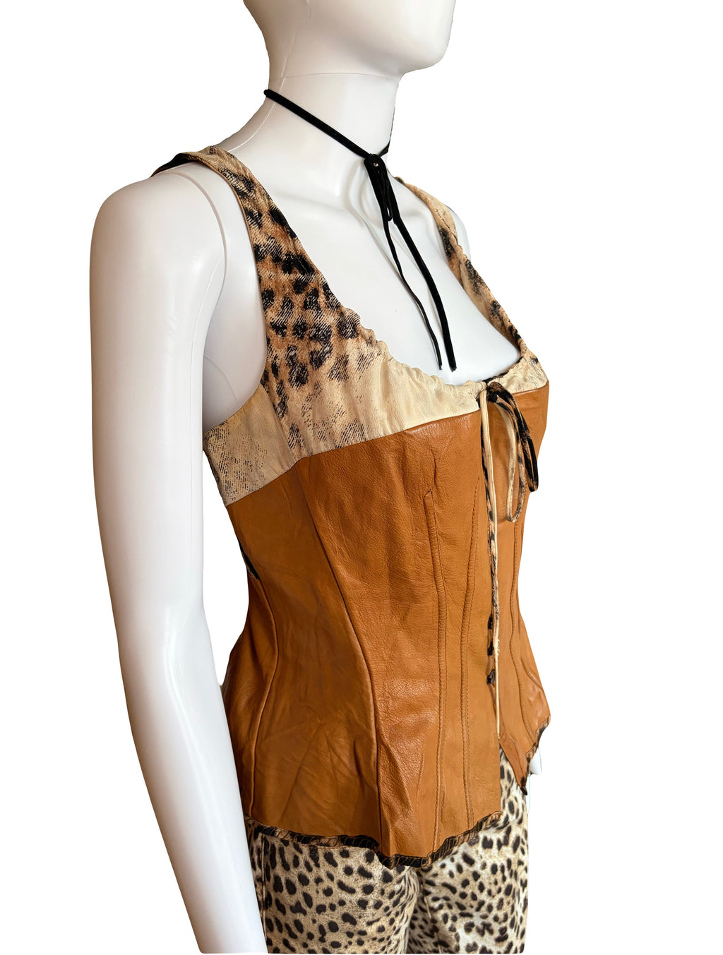 Roberto Cavalli 2003 Brown Leather Silk Corset Leopard Print M