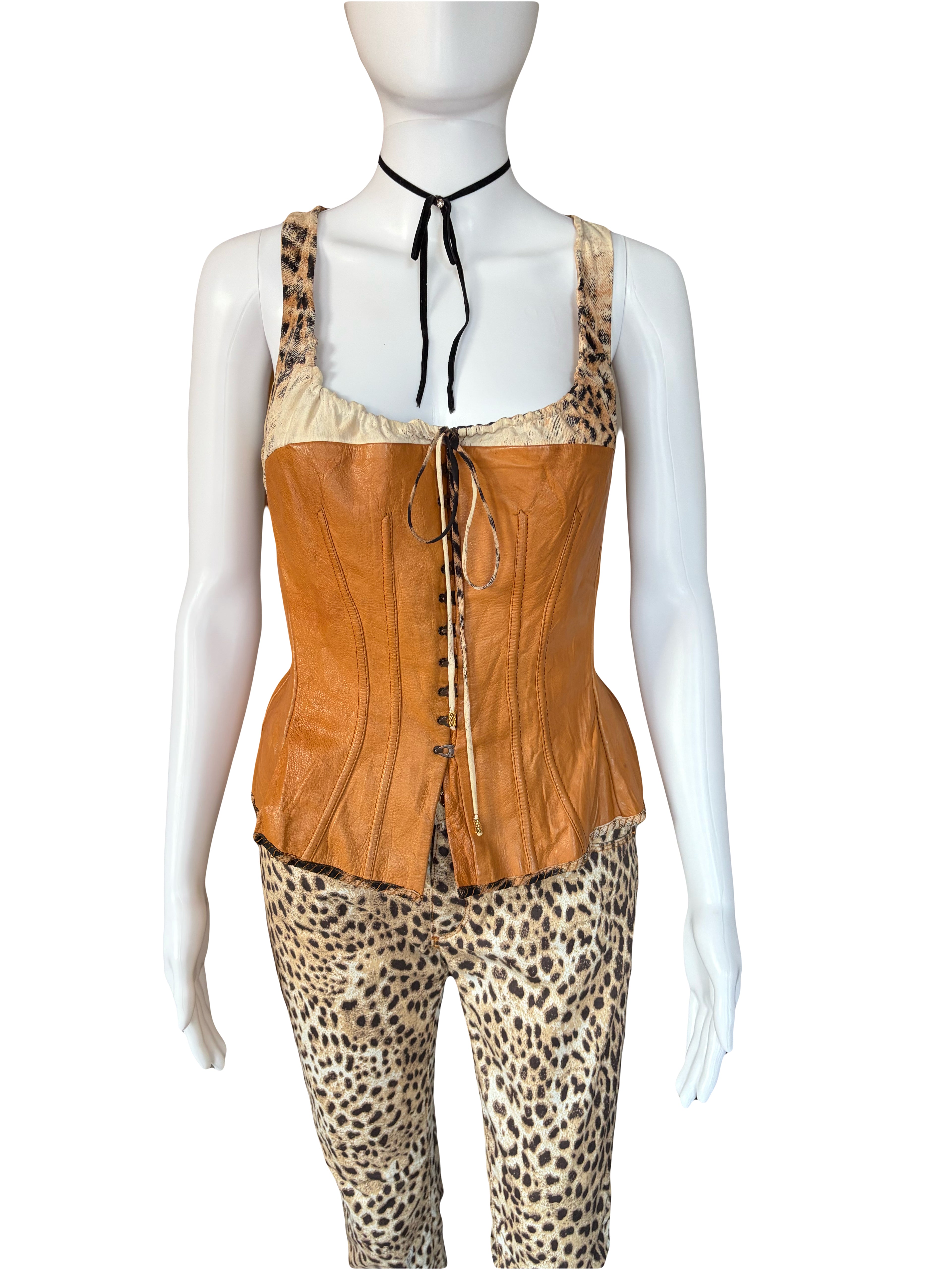 Roberto Cavalli 2003 Brown Leather Silk Corset Leopard Print M