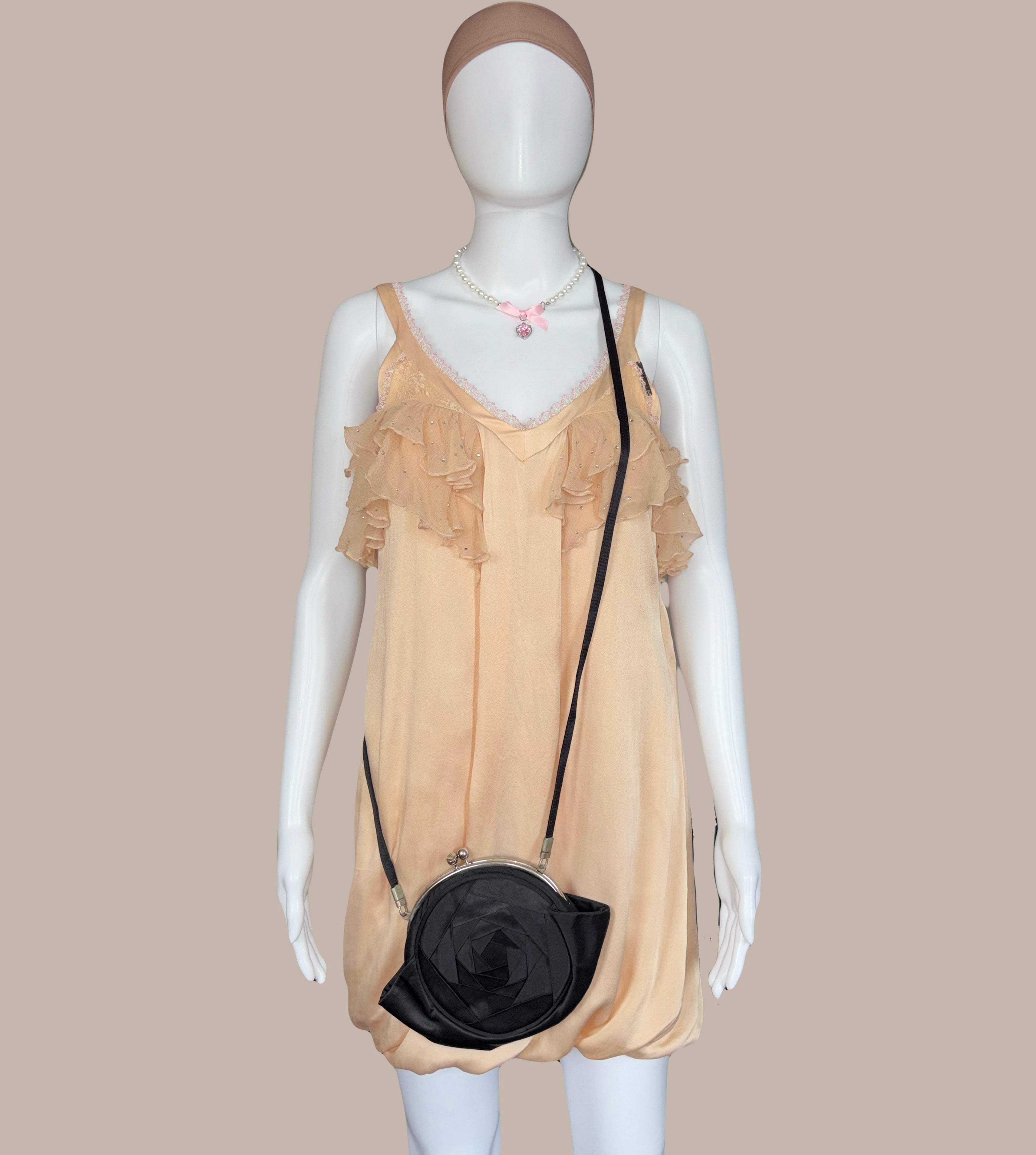 John Galliano Cocktail Mini Silk  Dress Ruffles and Rhinestones 38IT