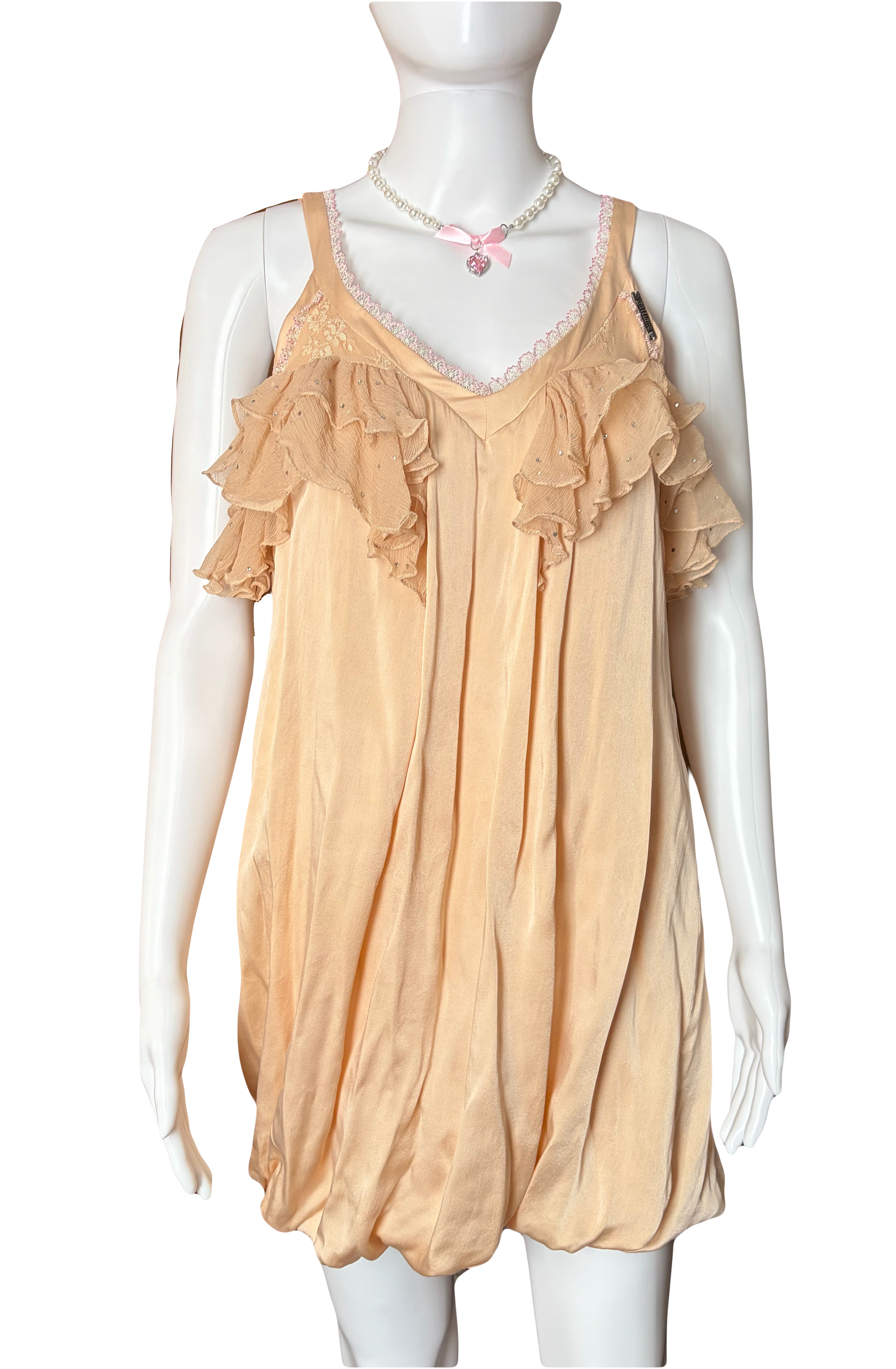 John Galliano Cocktail Mini Silk  Dress Ruffles and Rhinestones 38IT