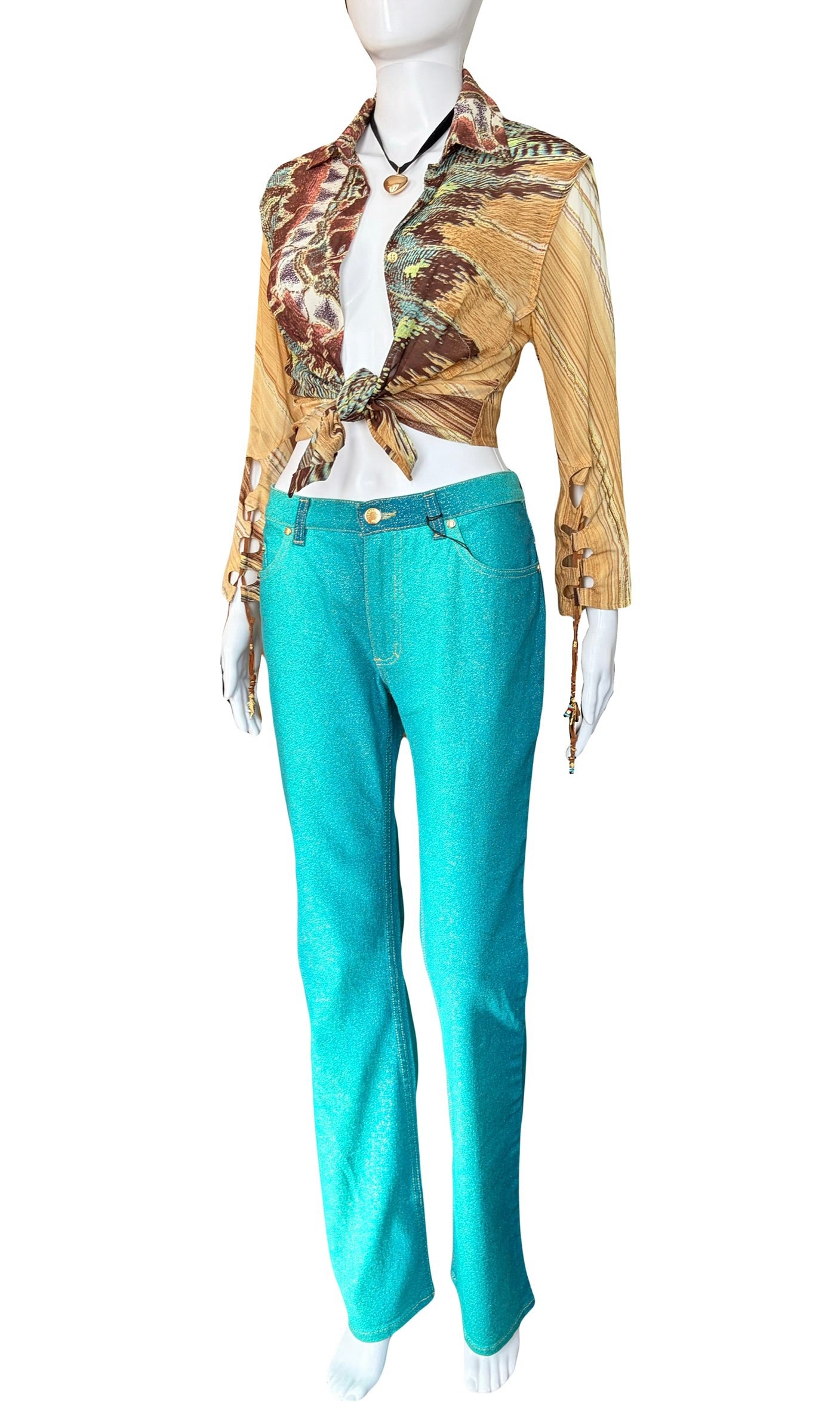 Roberto Cavalli 2000s Teal Shimmer Gold Straight Jeans XS